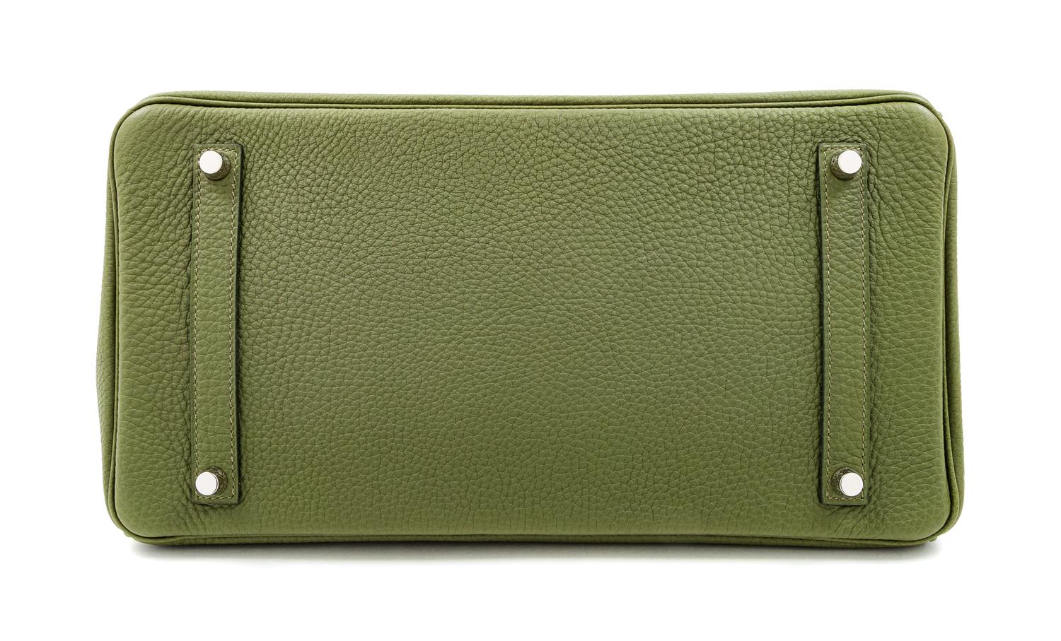 An Hermès Olive Green Togo 35cm Birkin, 11" H x 14" W x 7.5" D; Handle drop: 4.25".