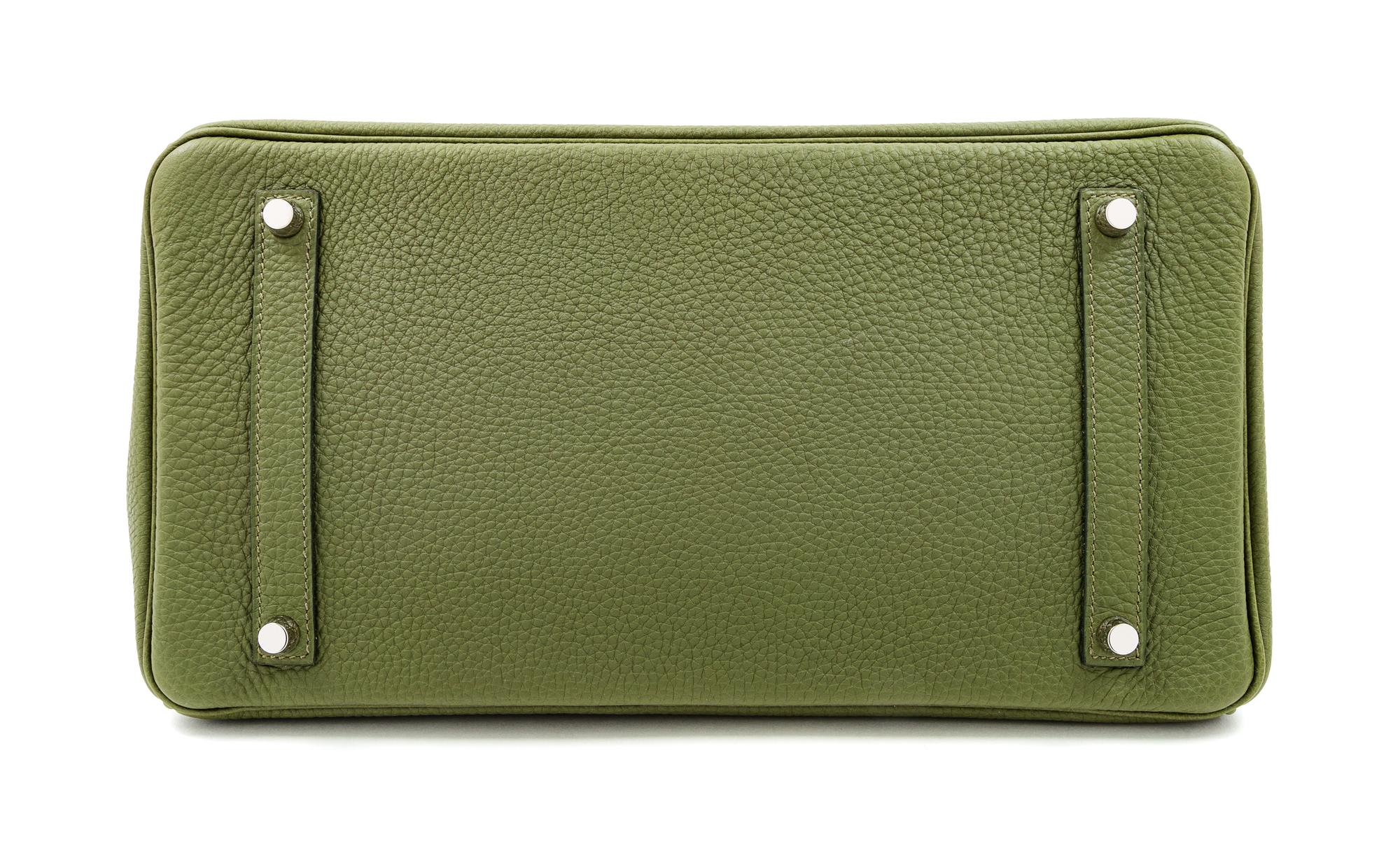 An Hermès Olive Green Togo 35cm Birkin, 11" H x 14" W x 7.5" D; Handle drop: 4.25".