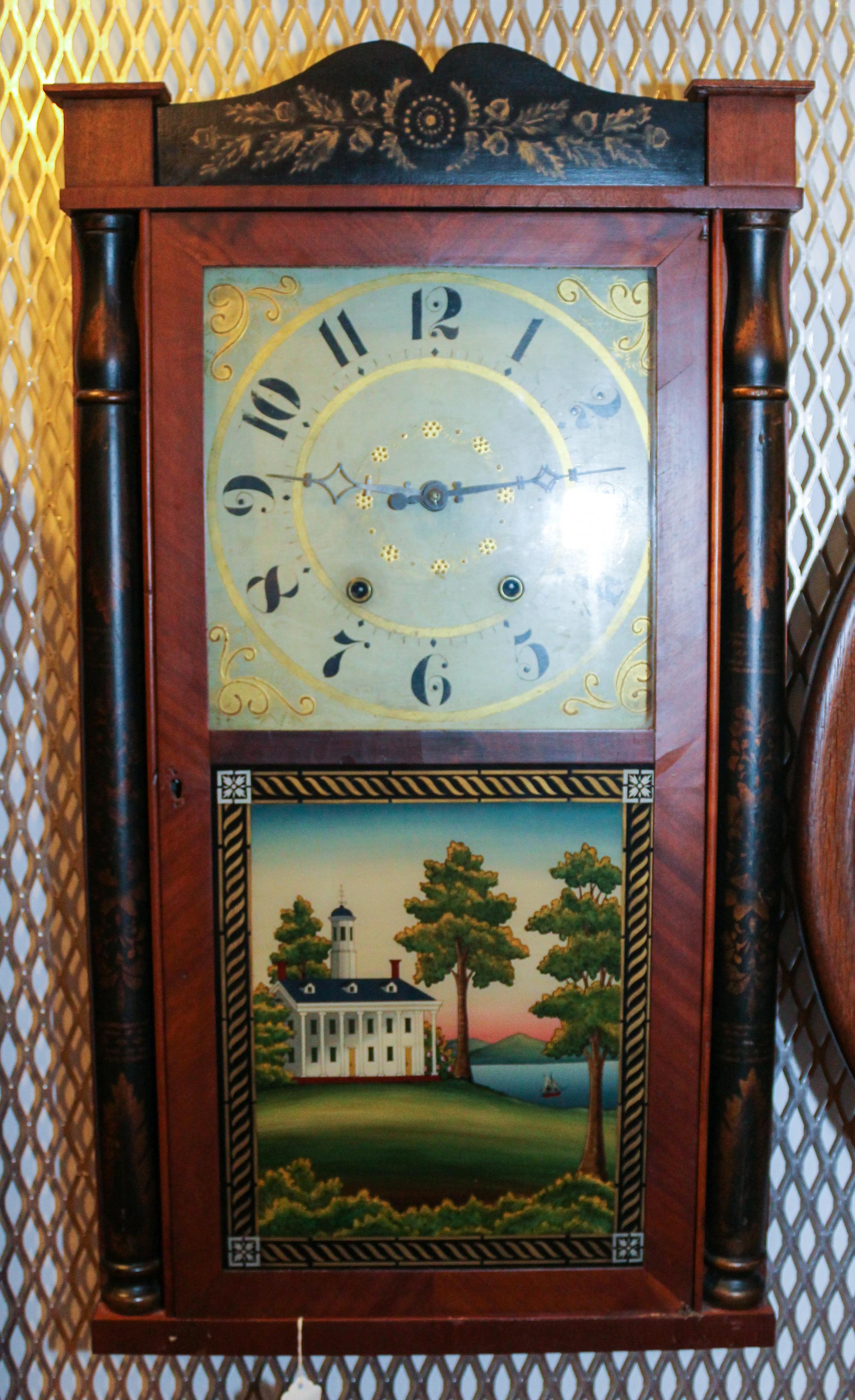 An American Federal Style Reverse Painted Clock Height 31 inches. — M. & E. BLAKESLEE & CO., PLYMOUTH, CT