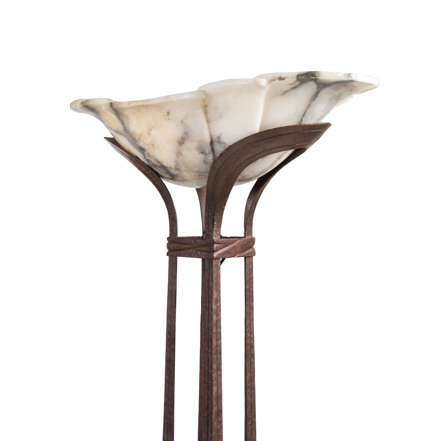 An Art Deco Style Hammered Metal and Alabaster Floor Lamp
