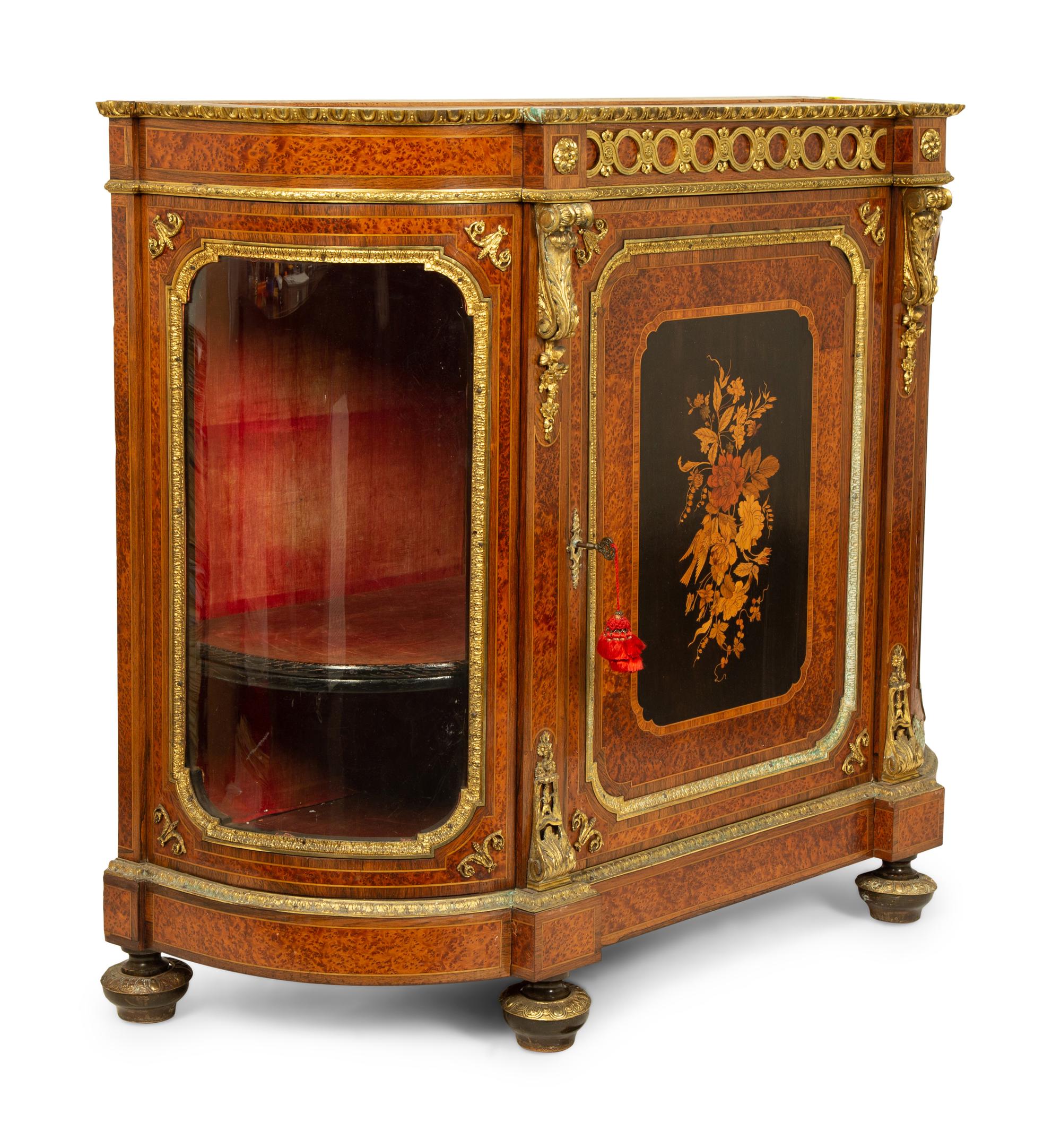 A Louis XVI Style Gilt Bronze Mounted Marquetry and Amboyna Marble-Top Cabinet — 19TH CENTURY