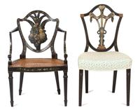 A Pair of Hepplewhite Style Painted Shield-Back Side Chairs Height of pair 37 inches.
