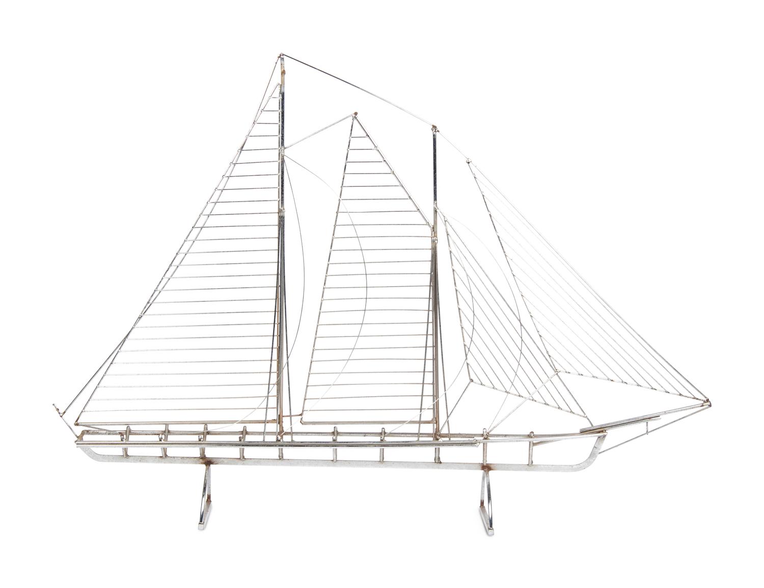 A Chromed Metal Wirework Sculpture of a Sailboat