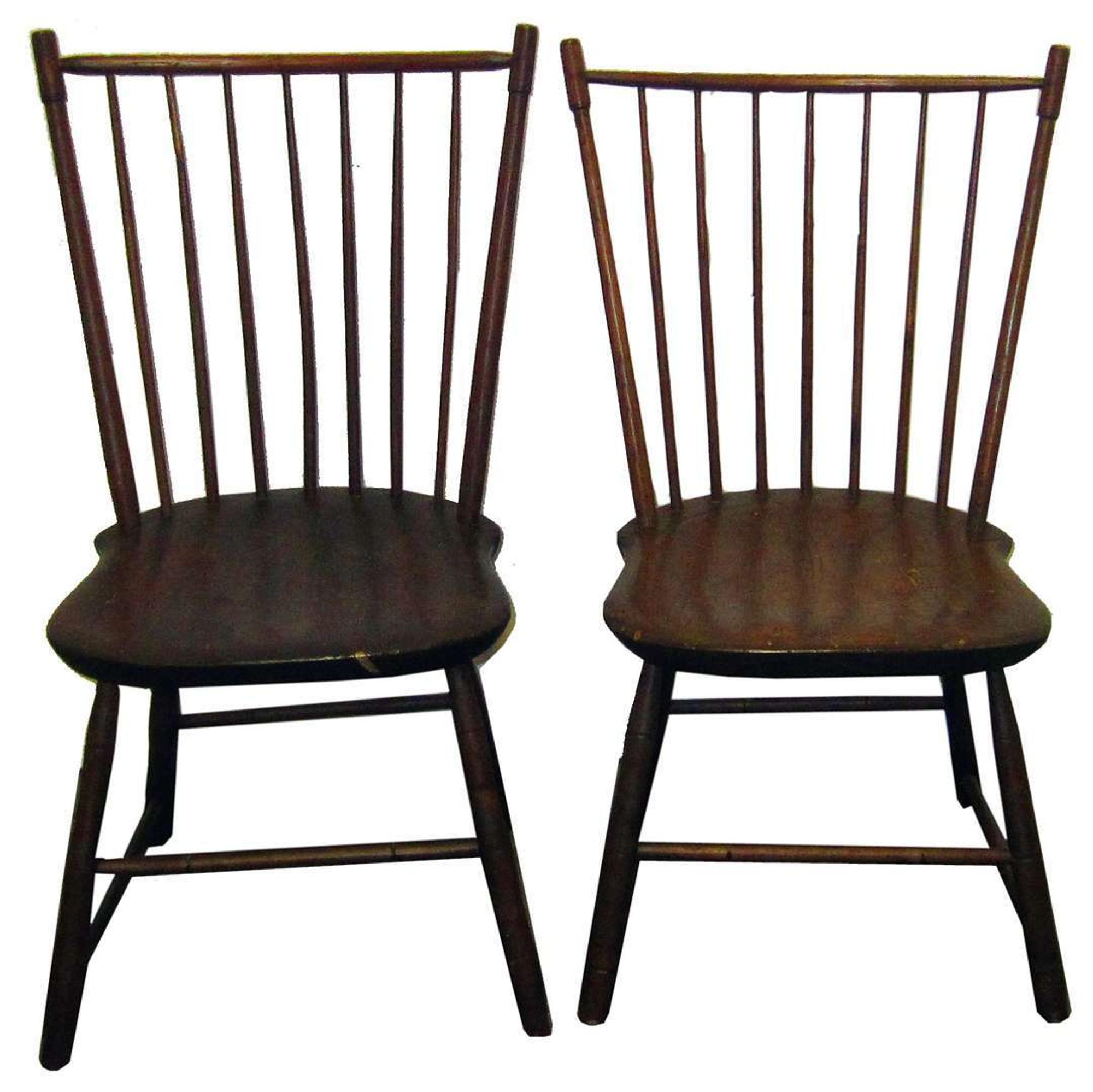 Two rod-back Windsor side chairs branded, "spooner & fitts athol," ma, active 1808-1813