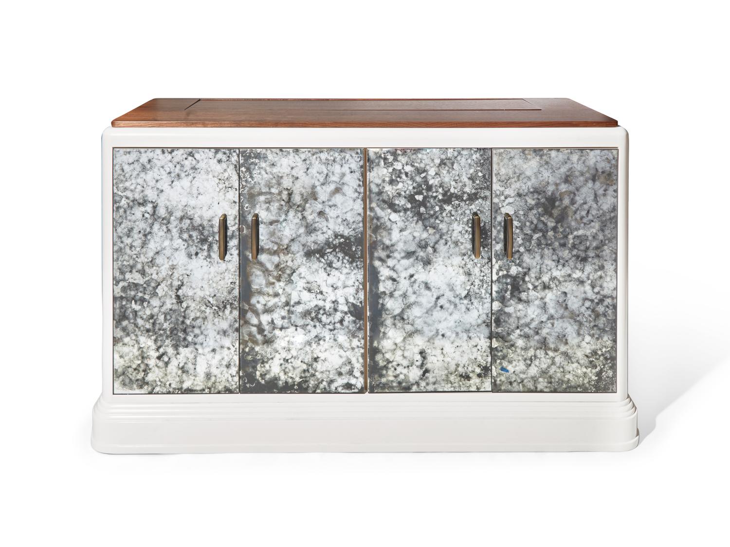 An Antiqued Mirror Mechanized Television Console DONATED BY S.R. GAMBREL, INC.