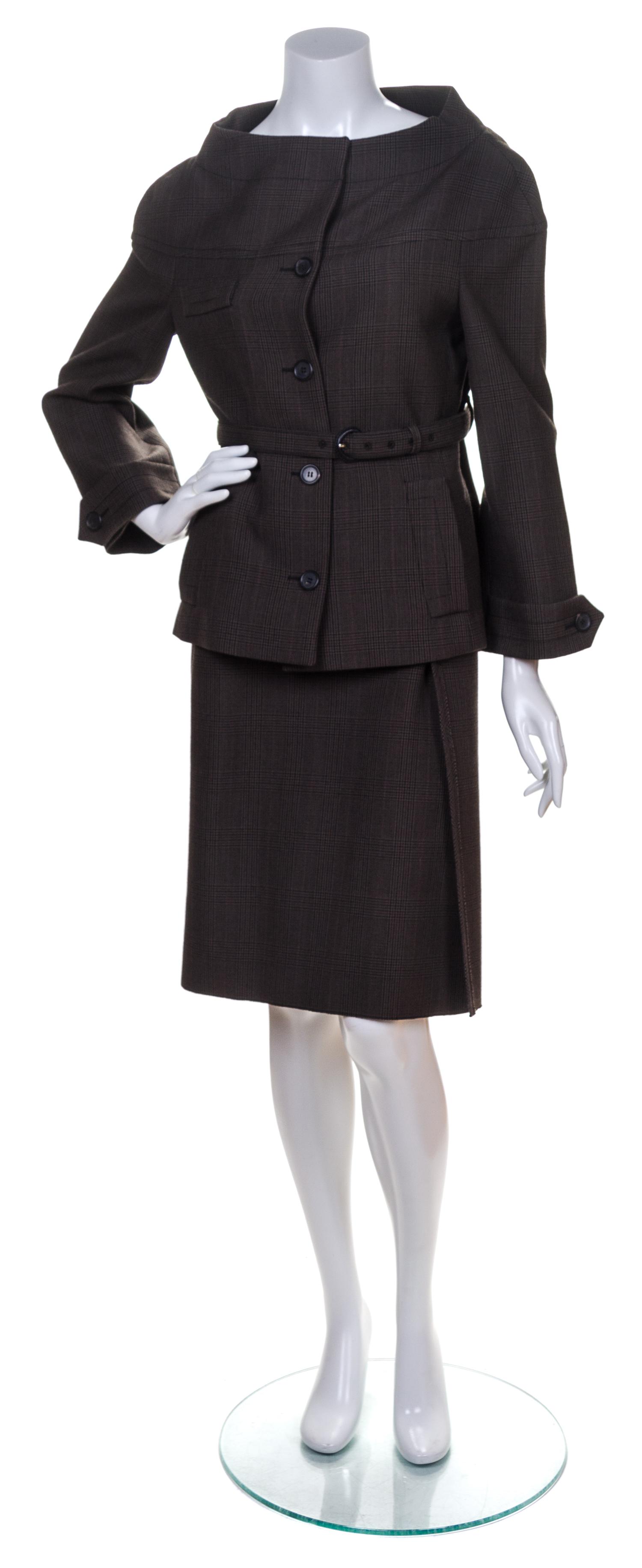 A Prada Olive Wool Plaid Skirt Suit, Jacket size 44, skirt size 42.