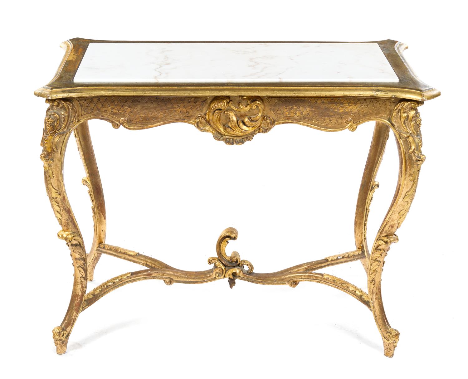 A Louis XV Style Giltwood Console Table Height 30 x width 39 3/4 x depth 21 3/4 inches. — LATE 19TH CENTURY