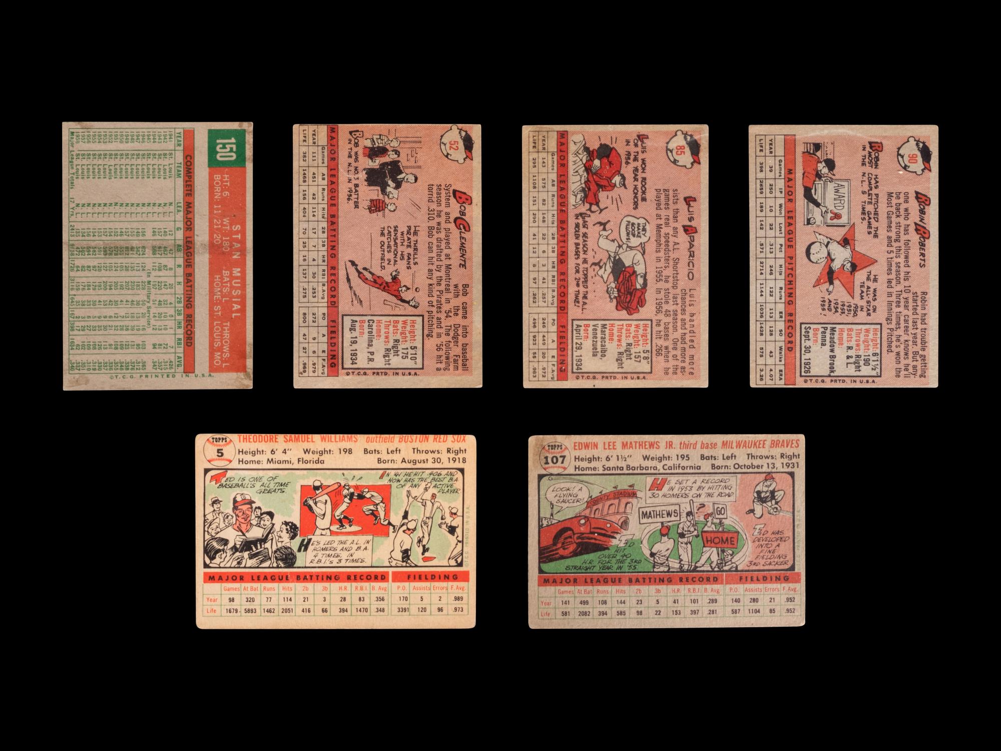 A Group of Assorted 1956, 1958, 1959, 1961, 1962 Topps Baseball Cards Including Ted Williams and Roberto Clemente,