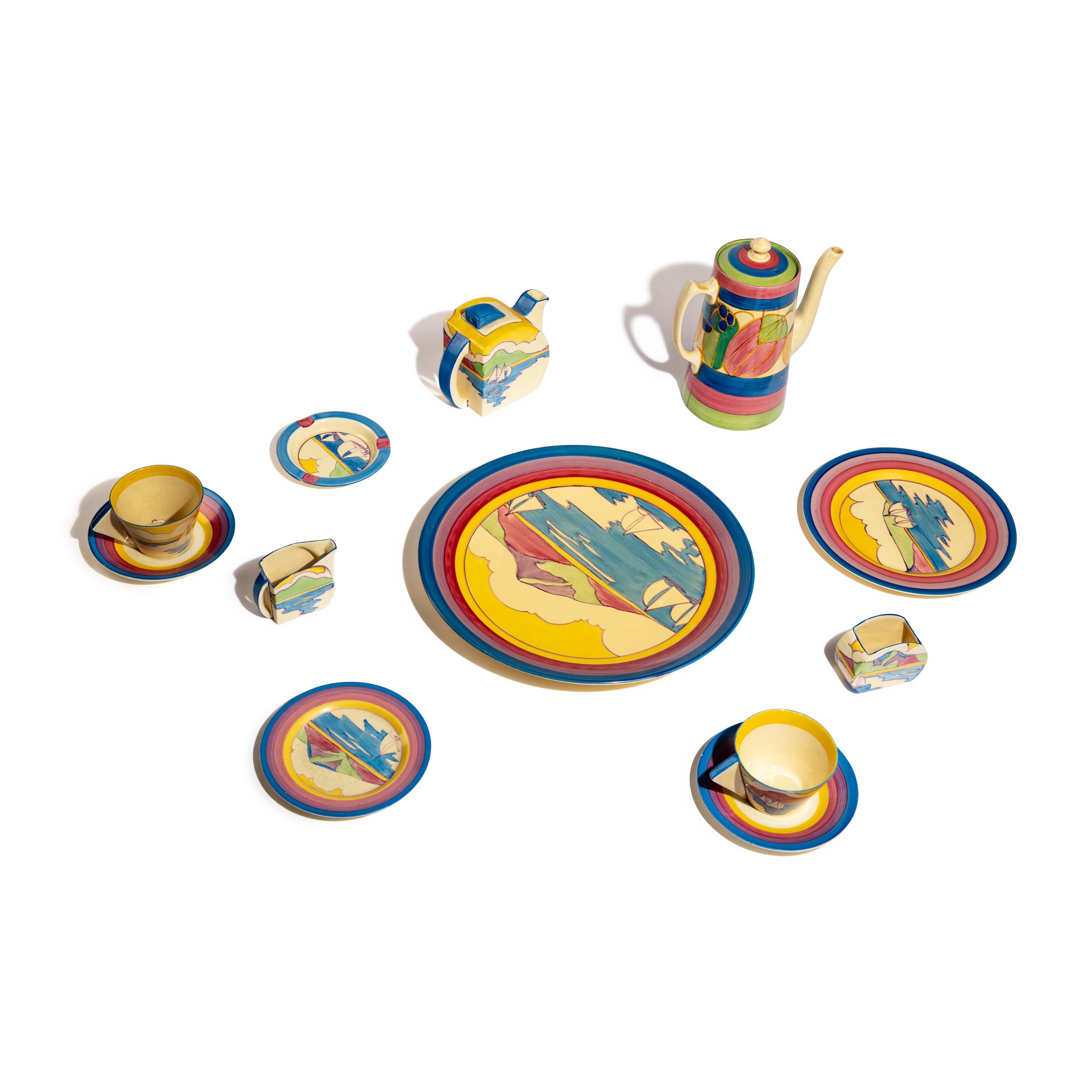 Clarice Cliff (English, 1899–1972) — Gibraltar pattern , 9 pieces and one Melon pattern Coffee Tankard