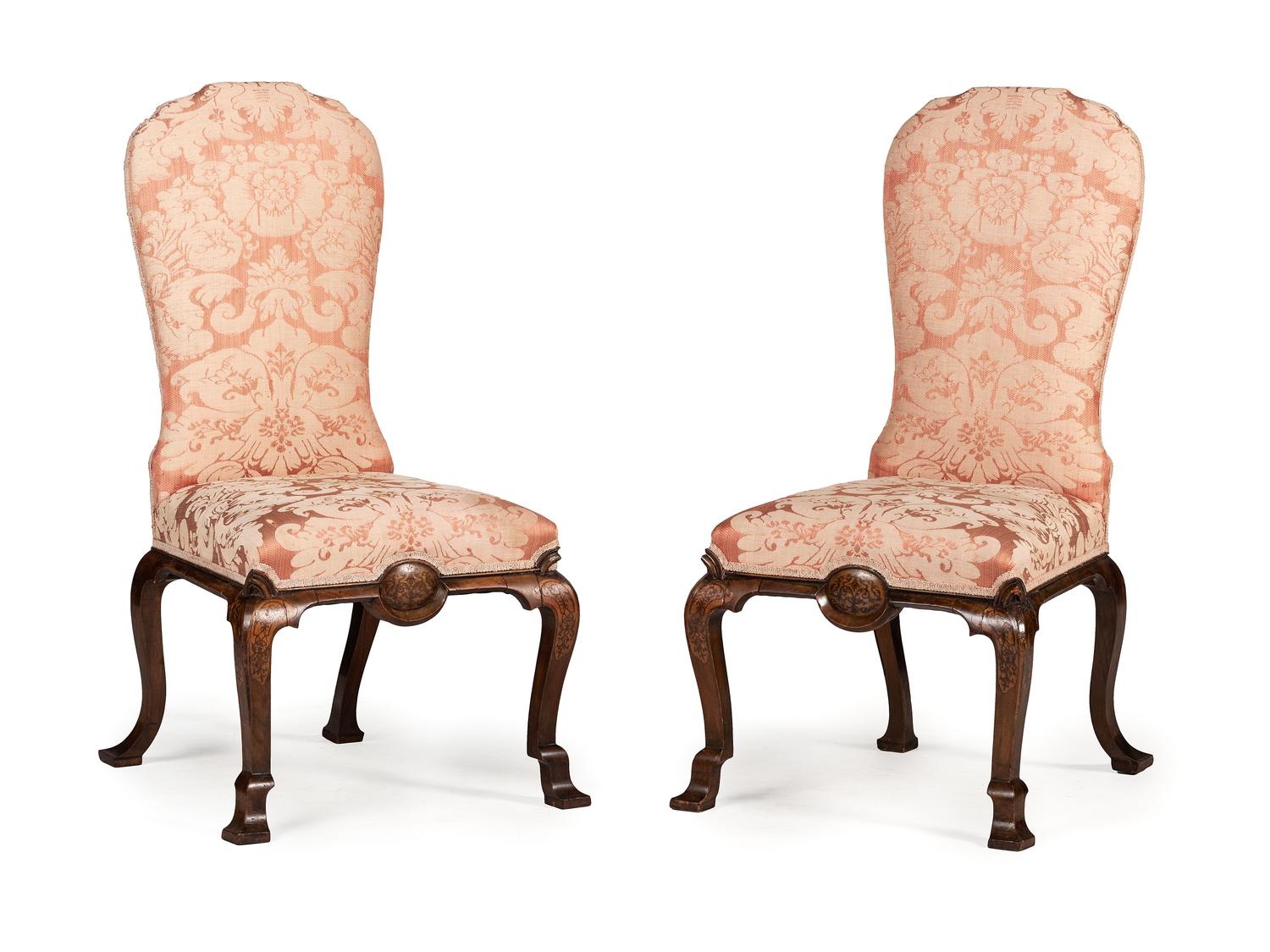 A Pair of William and Mary Style Marquetry Side Chairs