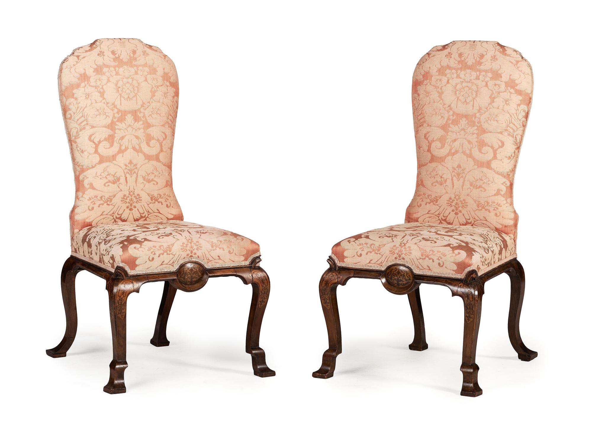 A Pair of William and Mary Style Marquetry Side Chairs
