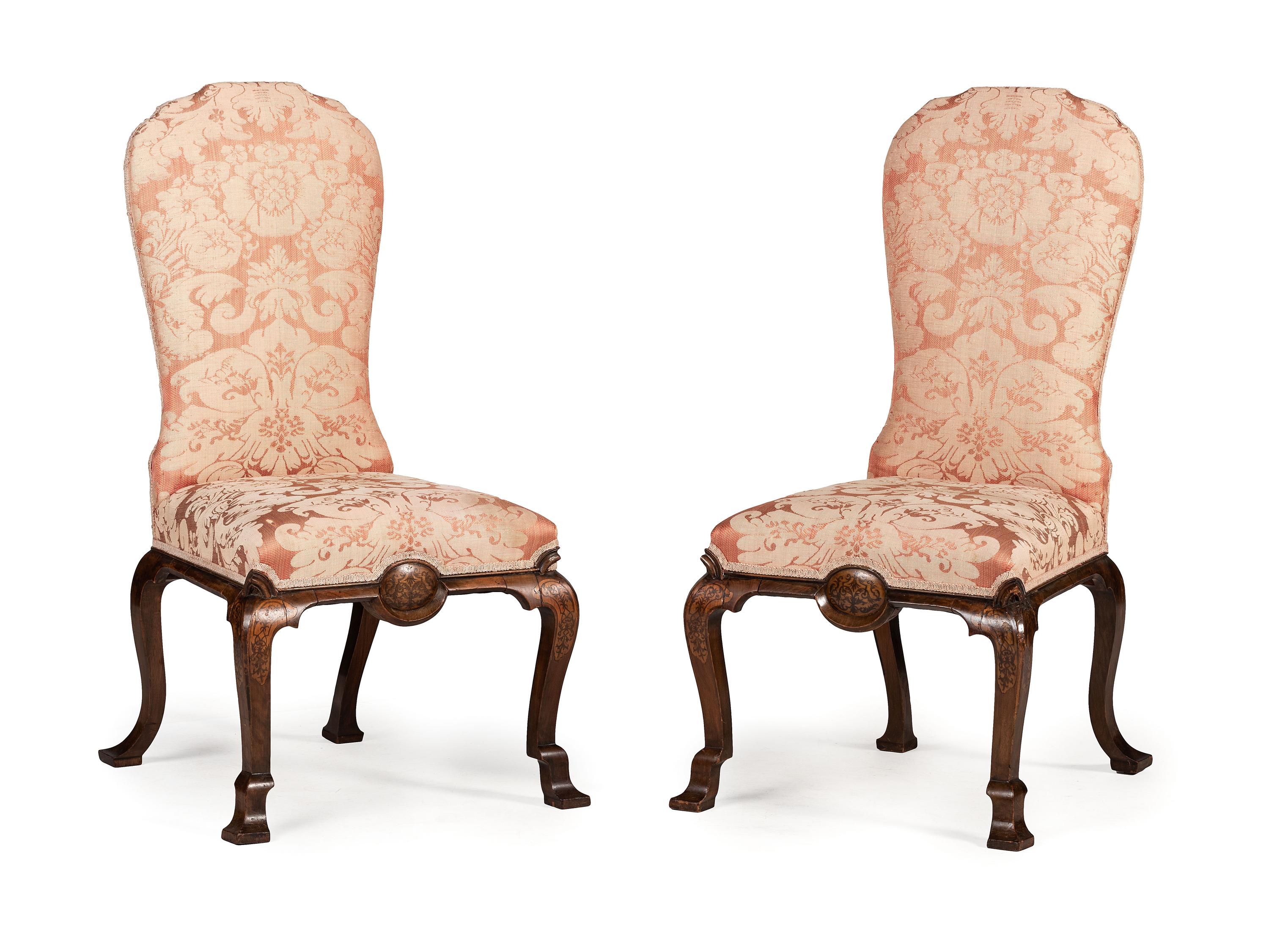 A Pair of William and Mary Style Marquetry Side Chairs