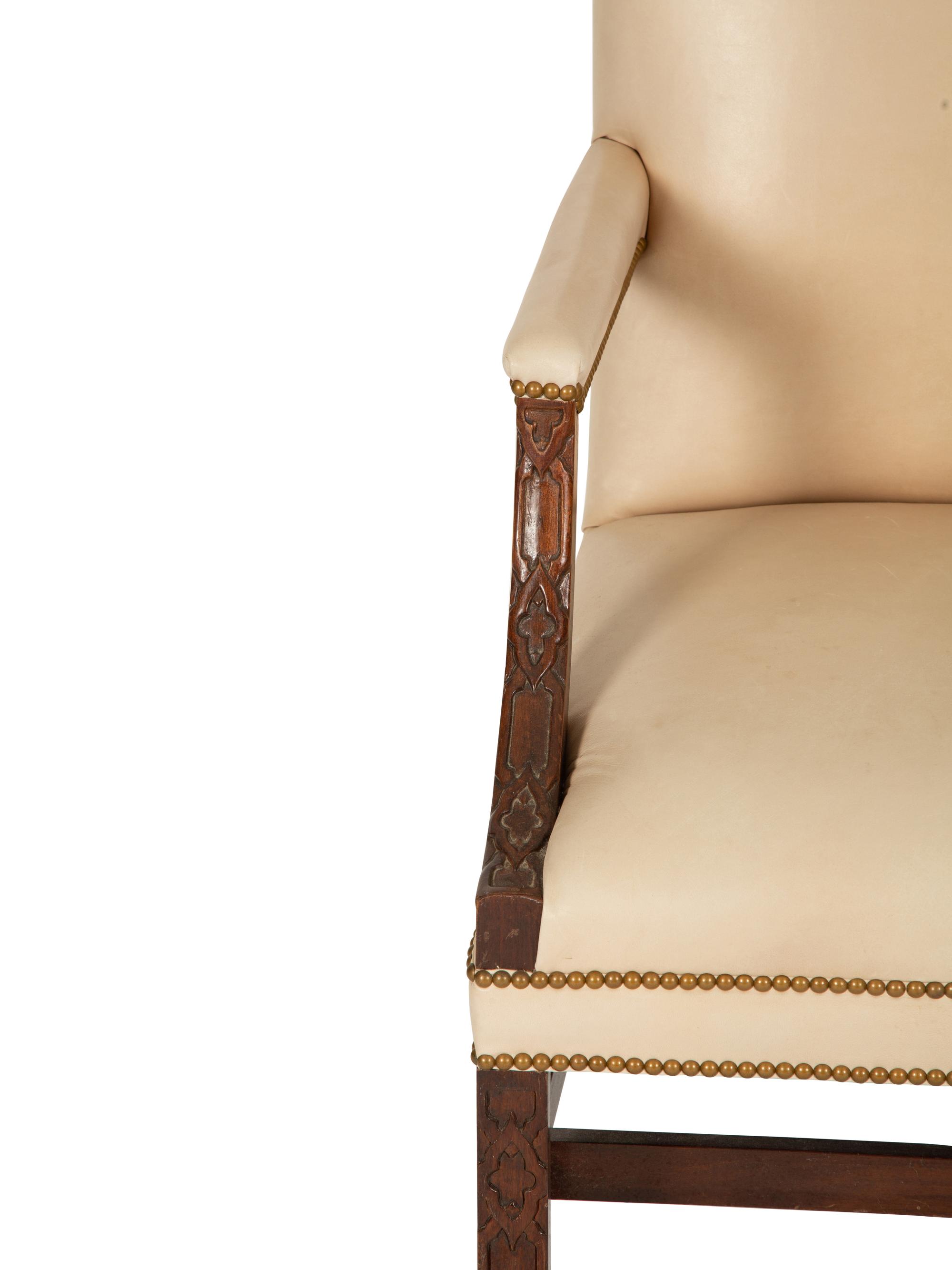 A George II Style Mahogany White Leather Upholstered Library Chair — 20th Century
