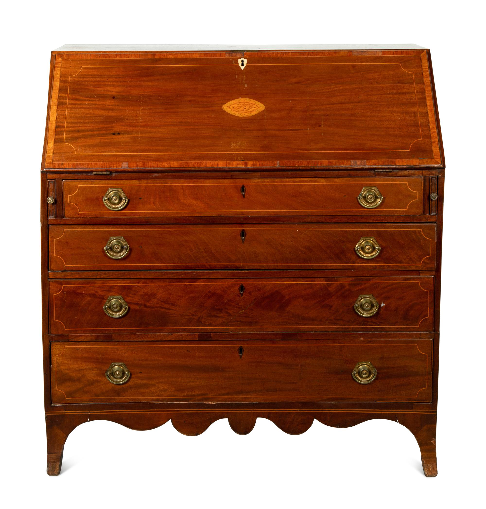 A George III Mahogany and Marquetry Slant-Front Bureau