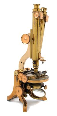 An English Lacquered Brass Binocular Microscope Height of case 17 1/2 inches. — HENRY CROUCH, LONDON, 19TH CENTURY
