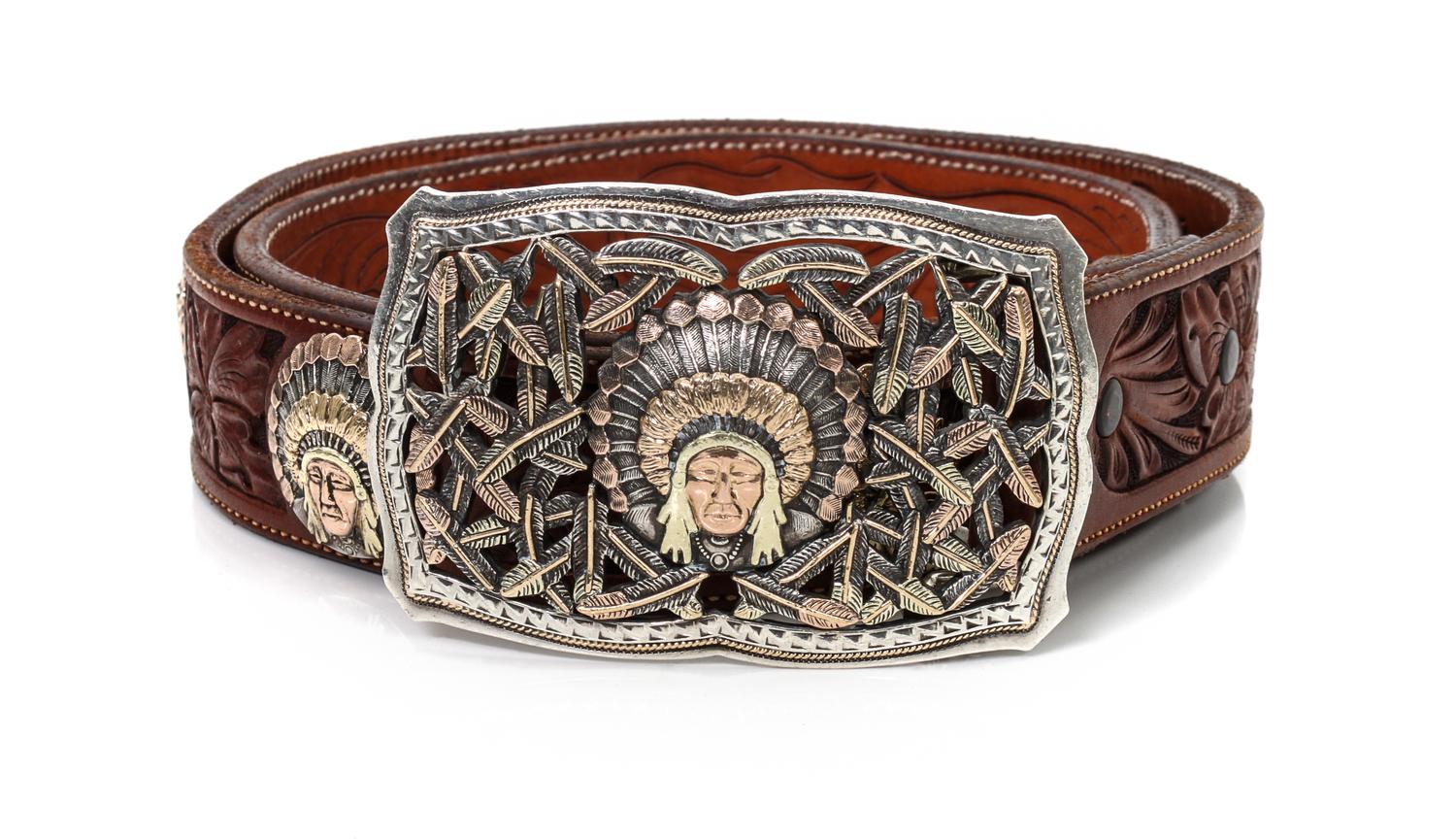 Edward H. Bohlin, Hollywood CA Silver, Yellow and Rose Gold Indian Chief Trophy Belt Buckle Buckle 2 1/2 x 3 3/4 inches; Belt 36 inches