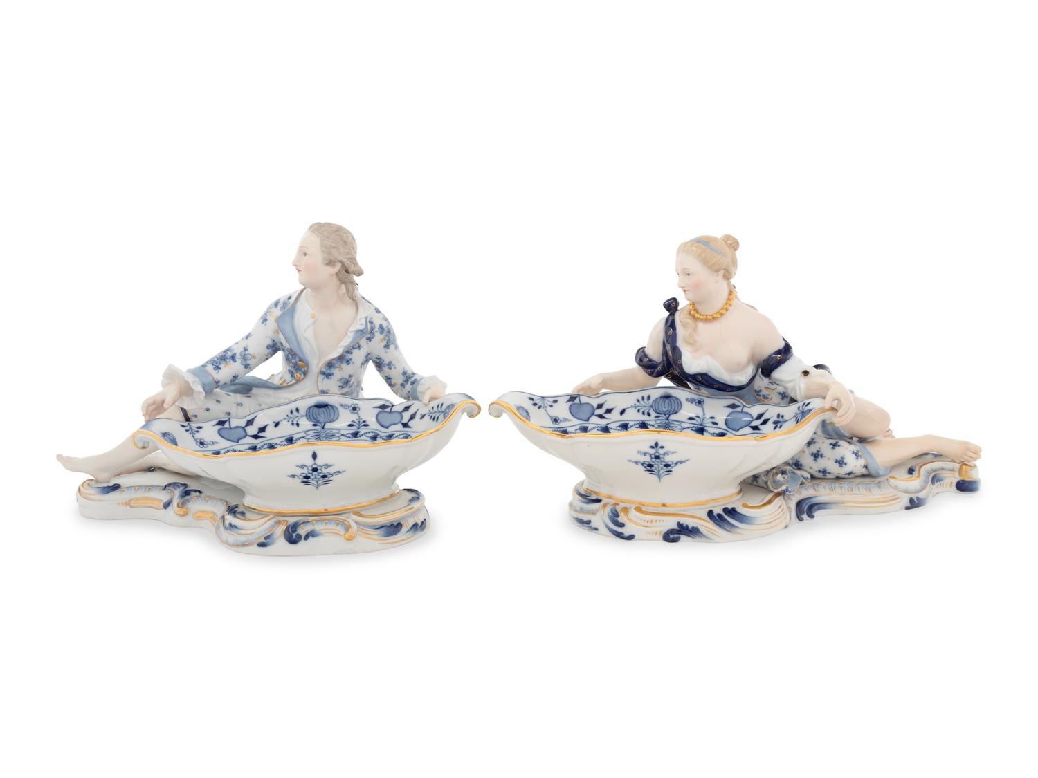 A Pair of Meissen Porcelain Blue Onion Figural Salts