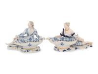 A Pair of Meissen Porcelain Blue Onion Figural Salts
