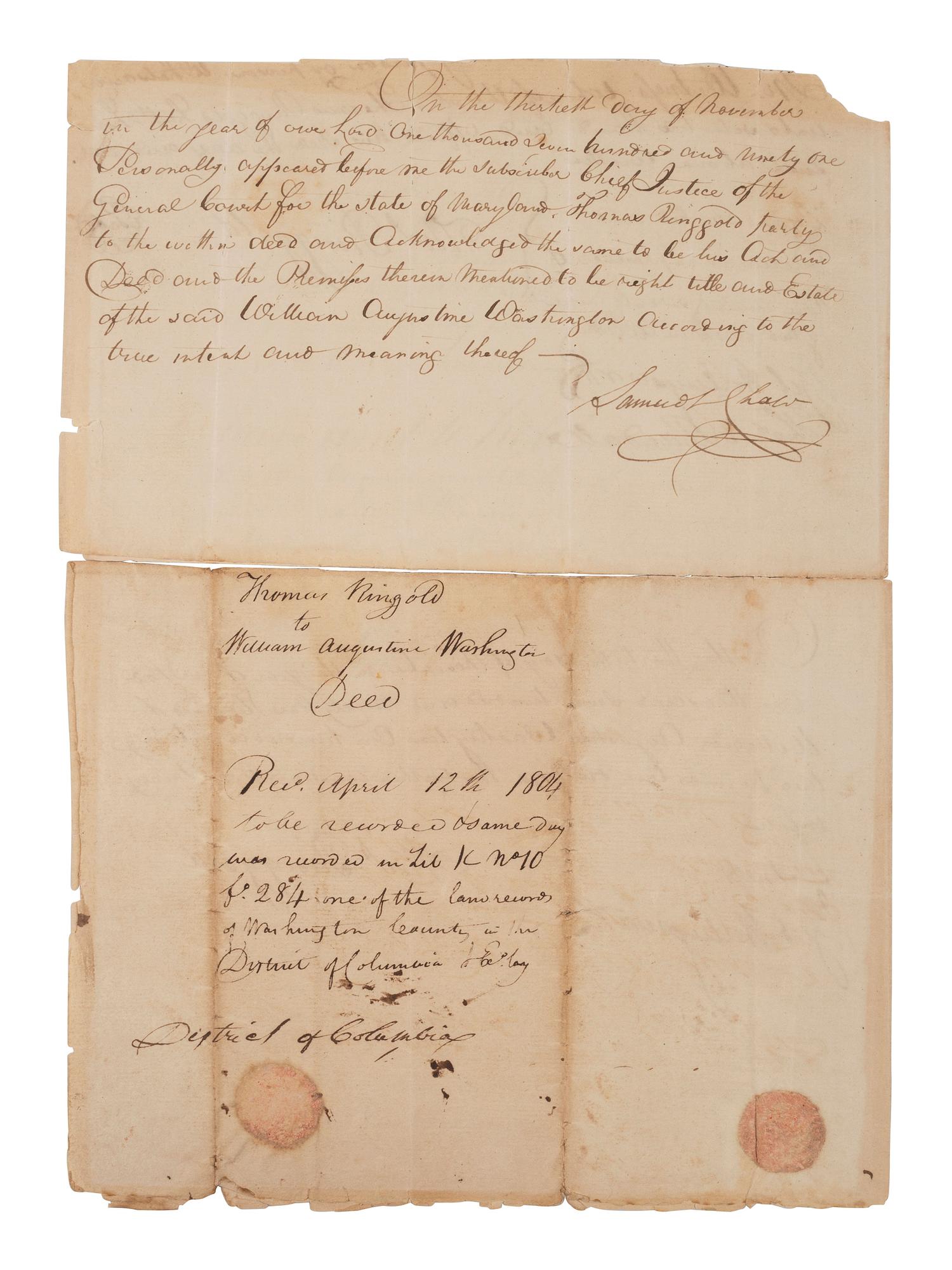 [WASHINGTON, DC]. Indenture of Lands Pertaining to the Formation of the City of Washington, DC. 1791-1804.