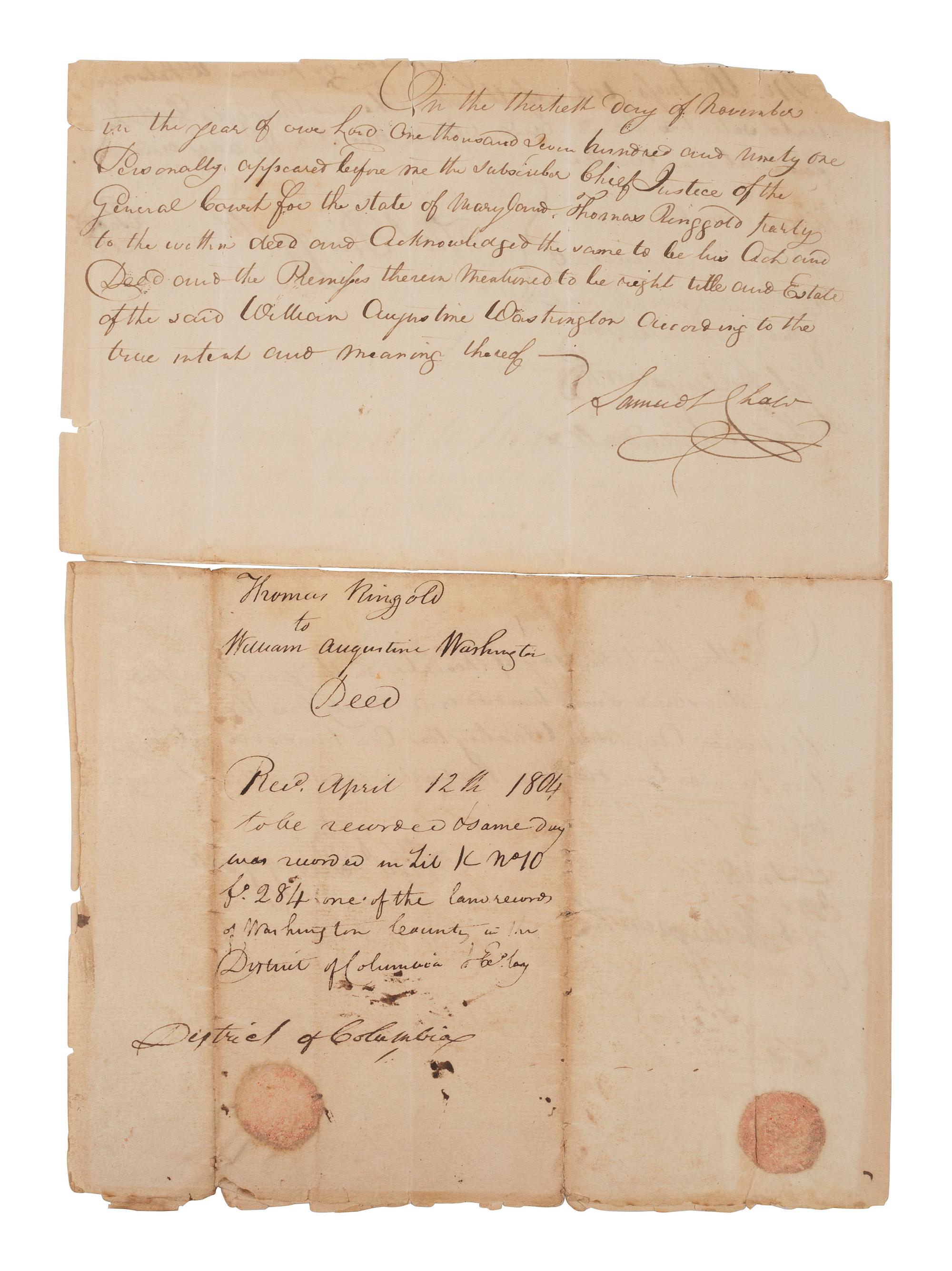 [WASHINGTON, DC]. Indenture of Lands Pertaining to the Formation of the City of Washington, DC. 1791-1804.