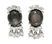 A Pair of White Gold, Black Star Sapphire and Diamond Earrings, 8.00 dwts.