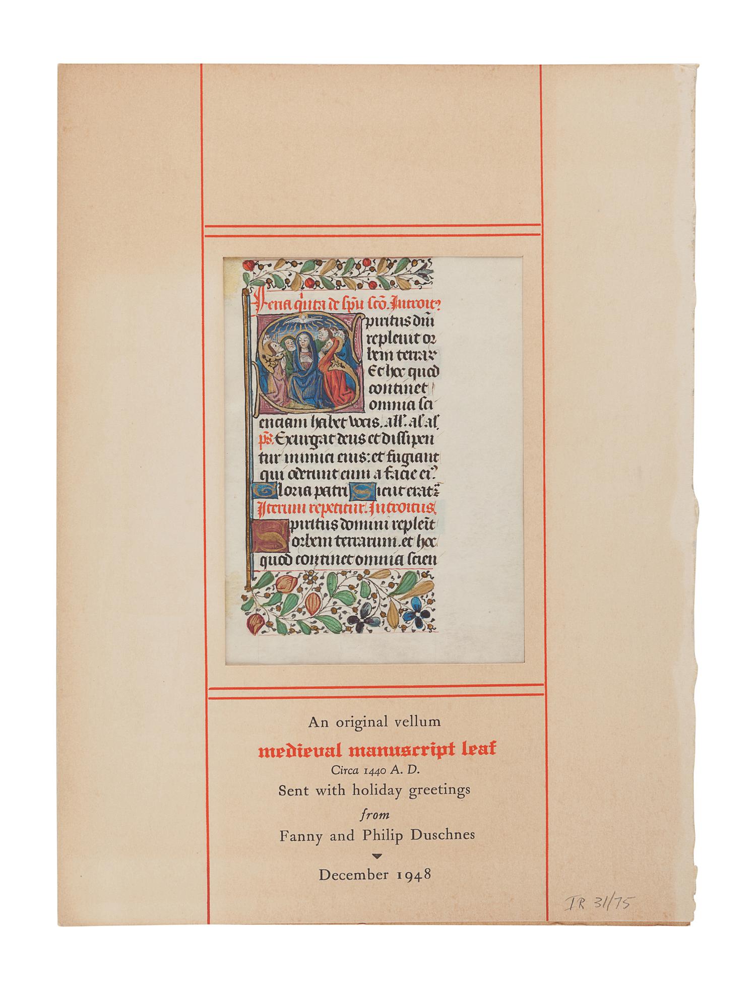 [ILLUMINATED MANUSCRIPTS]. Leaf from a Book of Hours with historiated initial “S” on recto depicting the Pentecost. [France, c.1450].