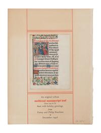 [ILLUMINATED MANUSCRIPTS]. Leaf from a Book of Hours with historiated initial “S” on recto depicting the Pentecost. [France, c.1450].