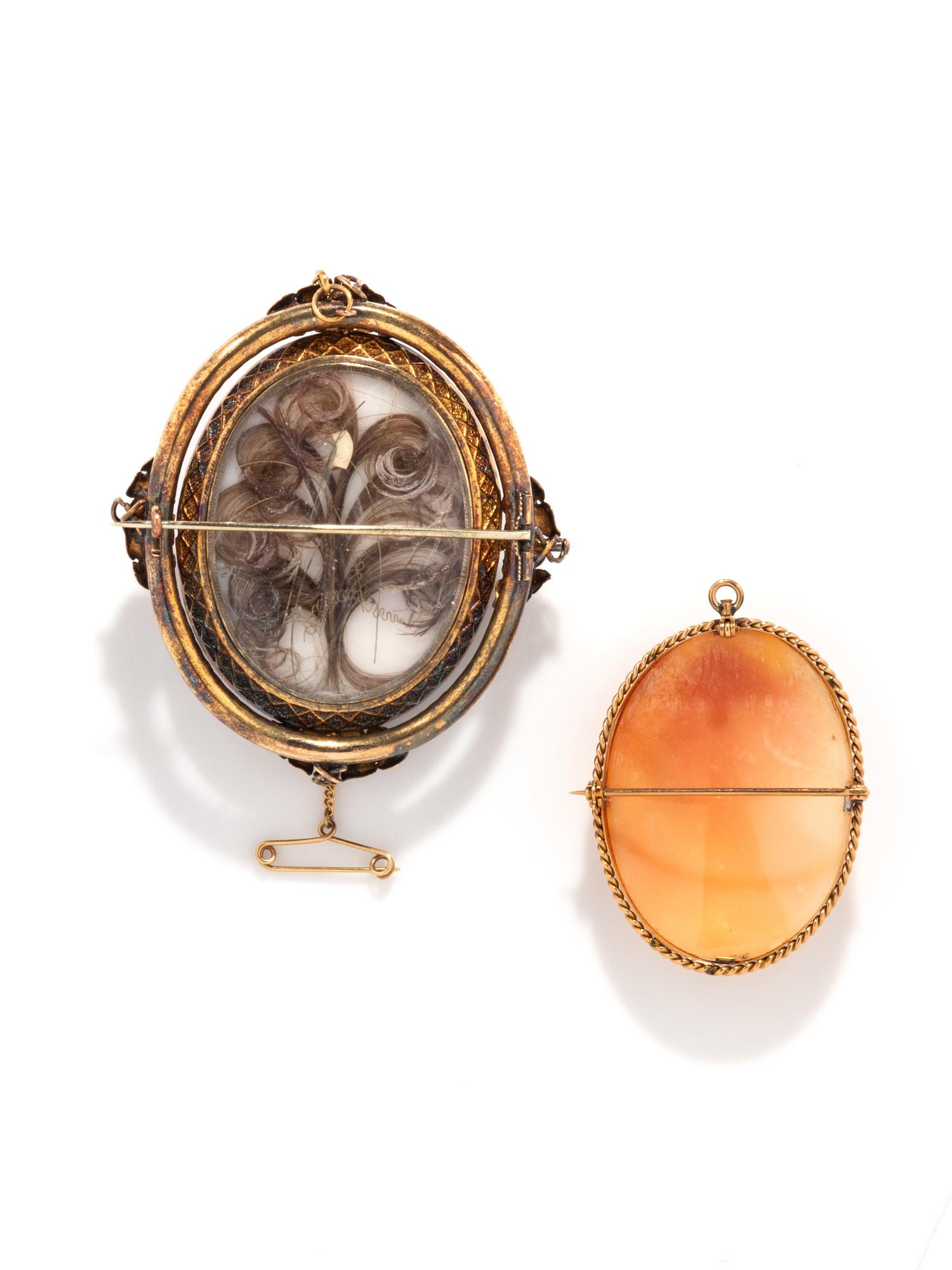 TWO SHELL CAMEO BROOCH PENDANTS