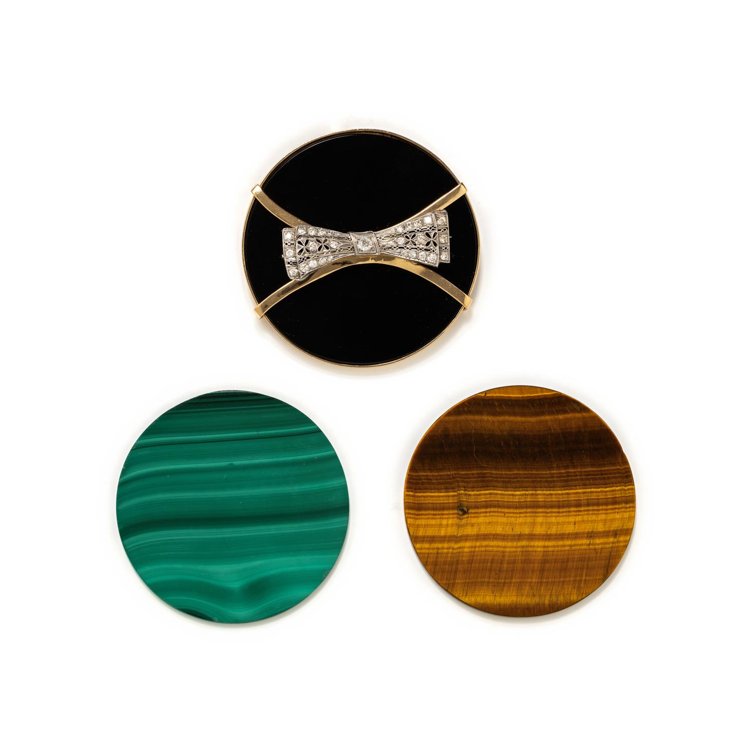 YELLOW GOLD, PLATINUM, DIAMOND AND HARDSTONE CONVERTIBLE BROOCH