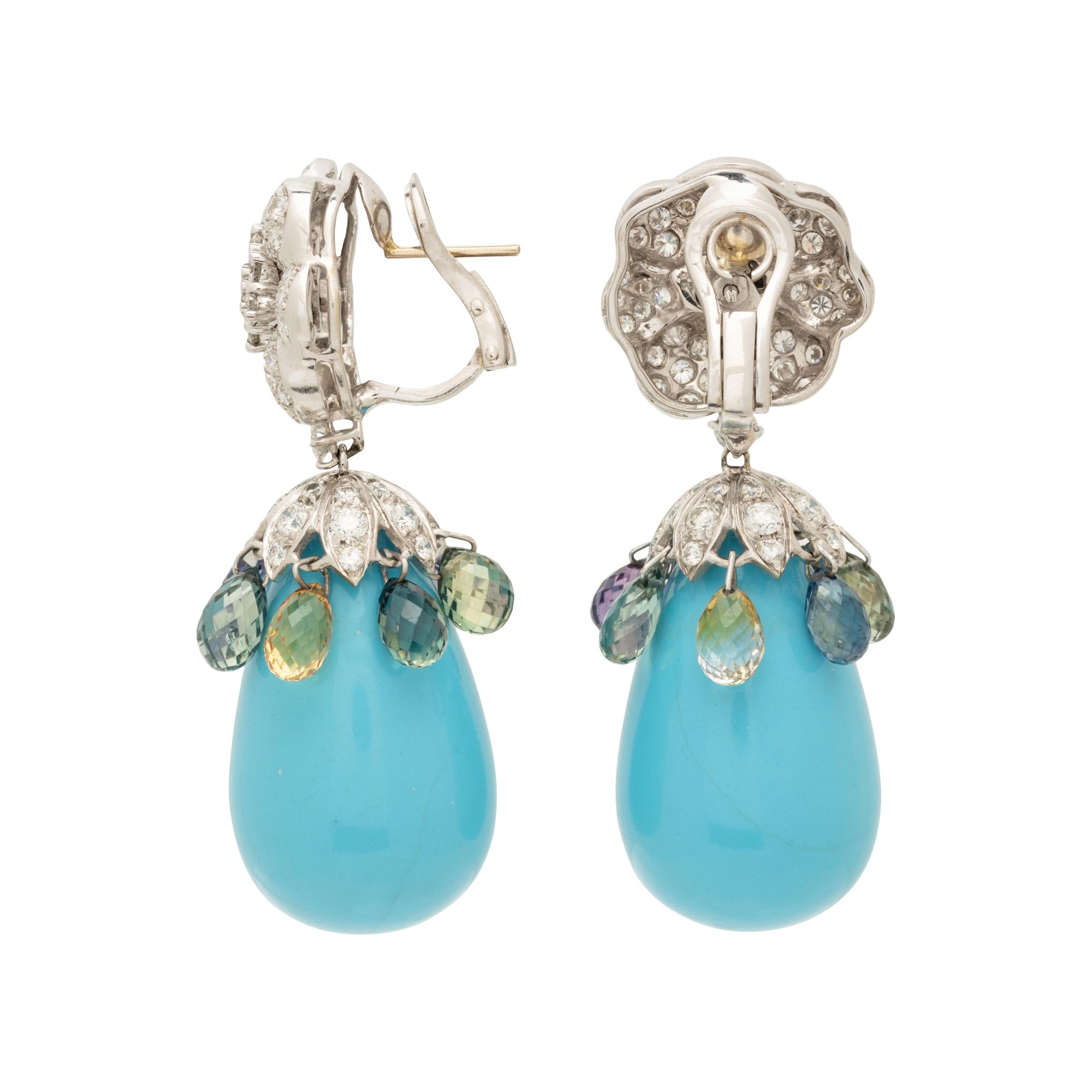 TURQUOISE, DIAMOND, AND MULTICOLORED SAPPHIRE EARRINGS