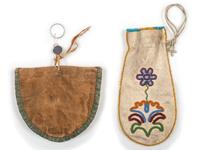 Athabascan Beaded Hide Pouch AND Santee Sioux Quilled Hide Pouch