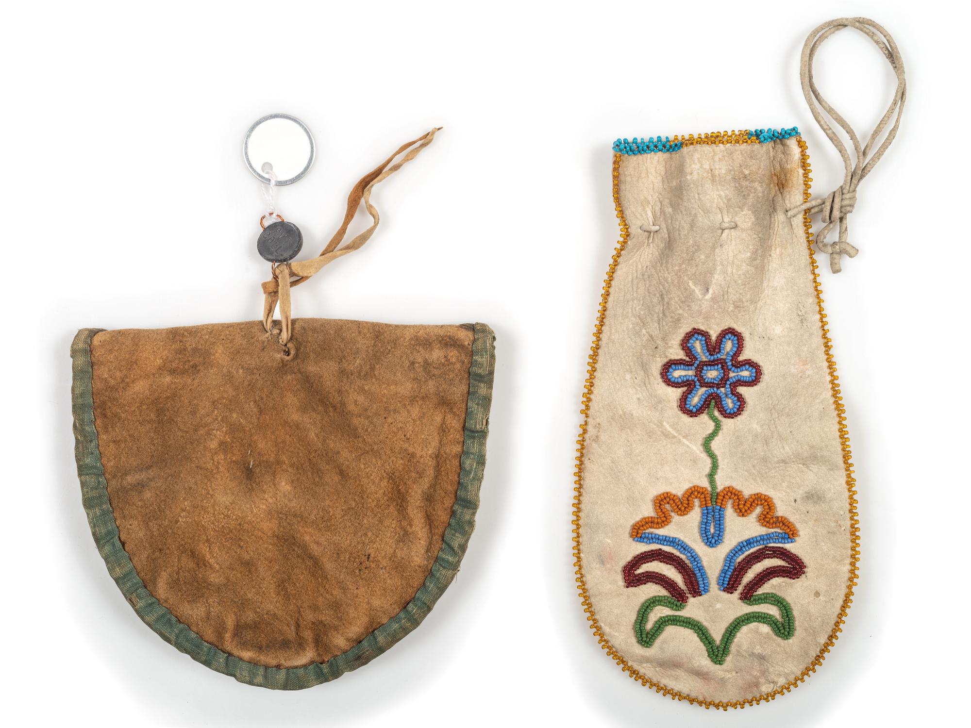 Athabascan Beaded Hide Pouch AND Santee Sioux Quilled Hide Pouch