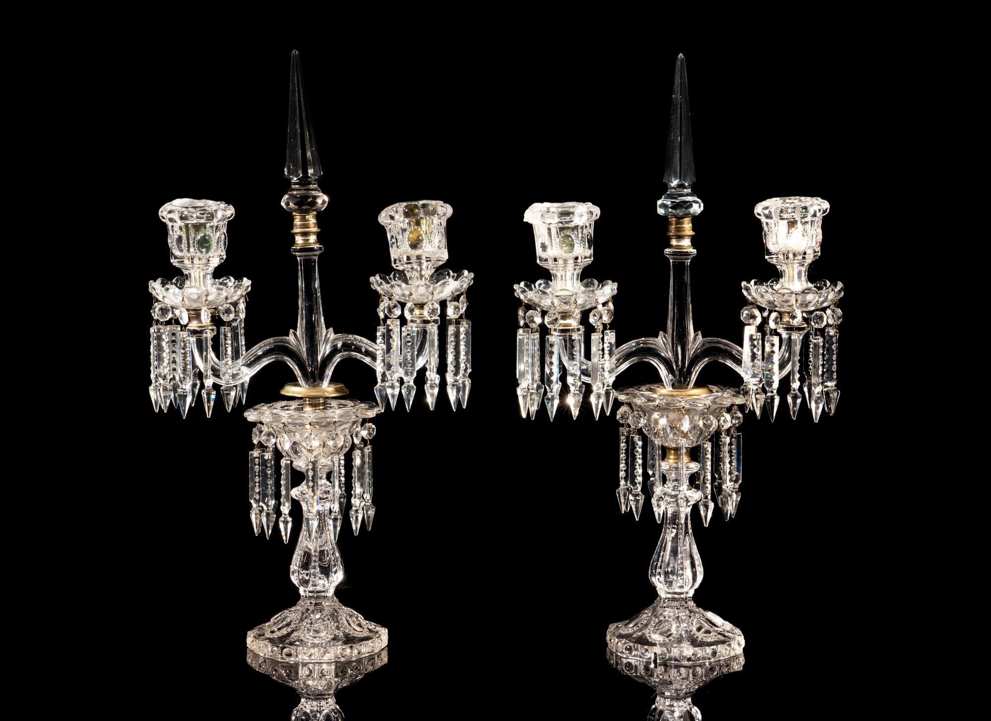 A Pair of Molded Glass Three-Light Candelabra Attributed to Baccarat