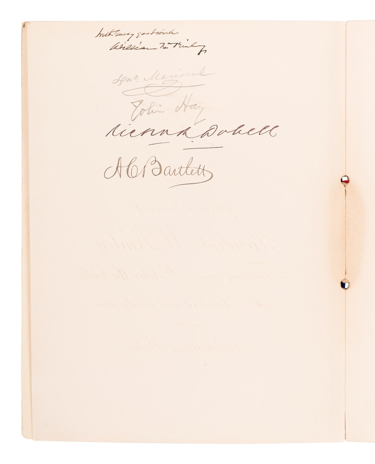 McKINLEY, WILIAM (1843-1901). Signed menu from a dinner given in honor of President McKinley by the Commercial Club of Chicago on October 10, 1899, at the Auditorium Hotel. [10 October 1899].
