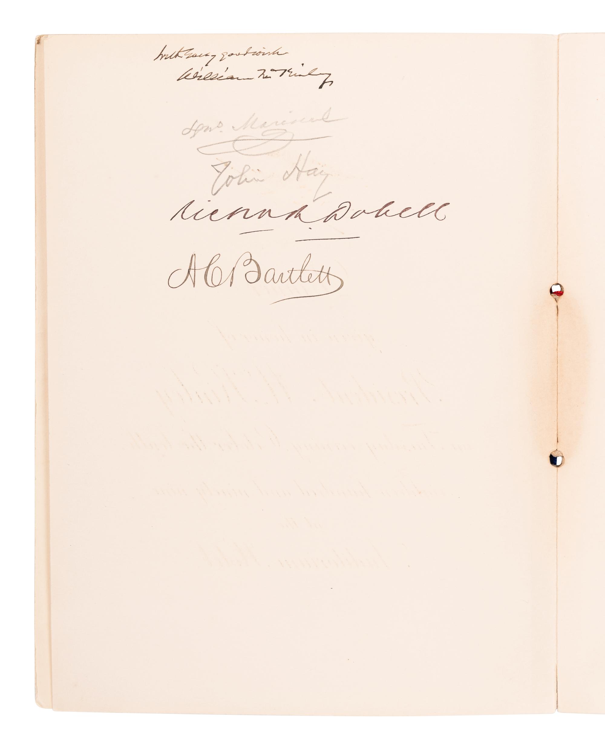 McKINLEY, WILIAM (1843-1901). Signed menu from a dinner given in honor of President McKinley by the Commercial Club of Chicago on October 10, 1899, at the Auditorium Hotel. [10 October 1899].