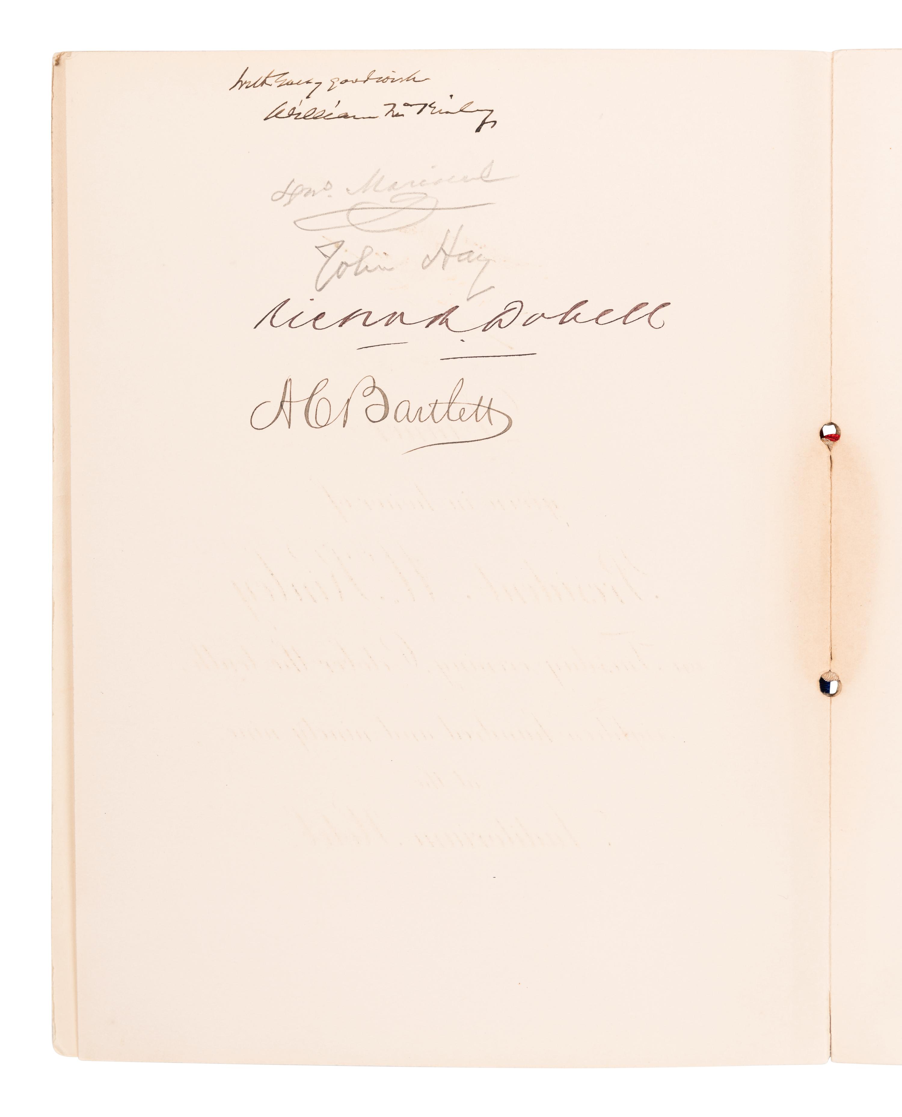 McKINLEY, WILIAM (1843-1901). Signed menu from a dinner given in honor of President McKinley by the Commercial Club of Chicago on October 10, 1899, at the Auditorium Hotel. [10 October 1899].