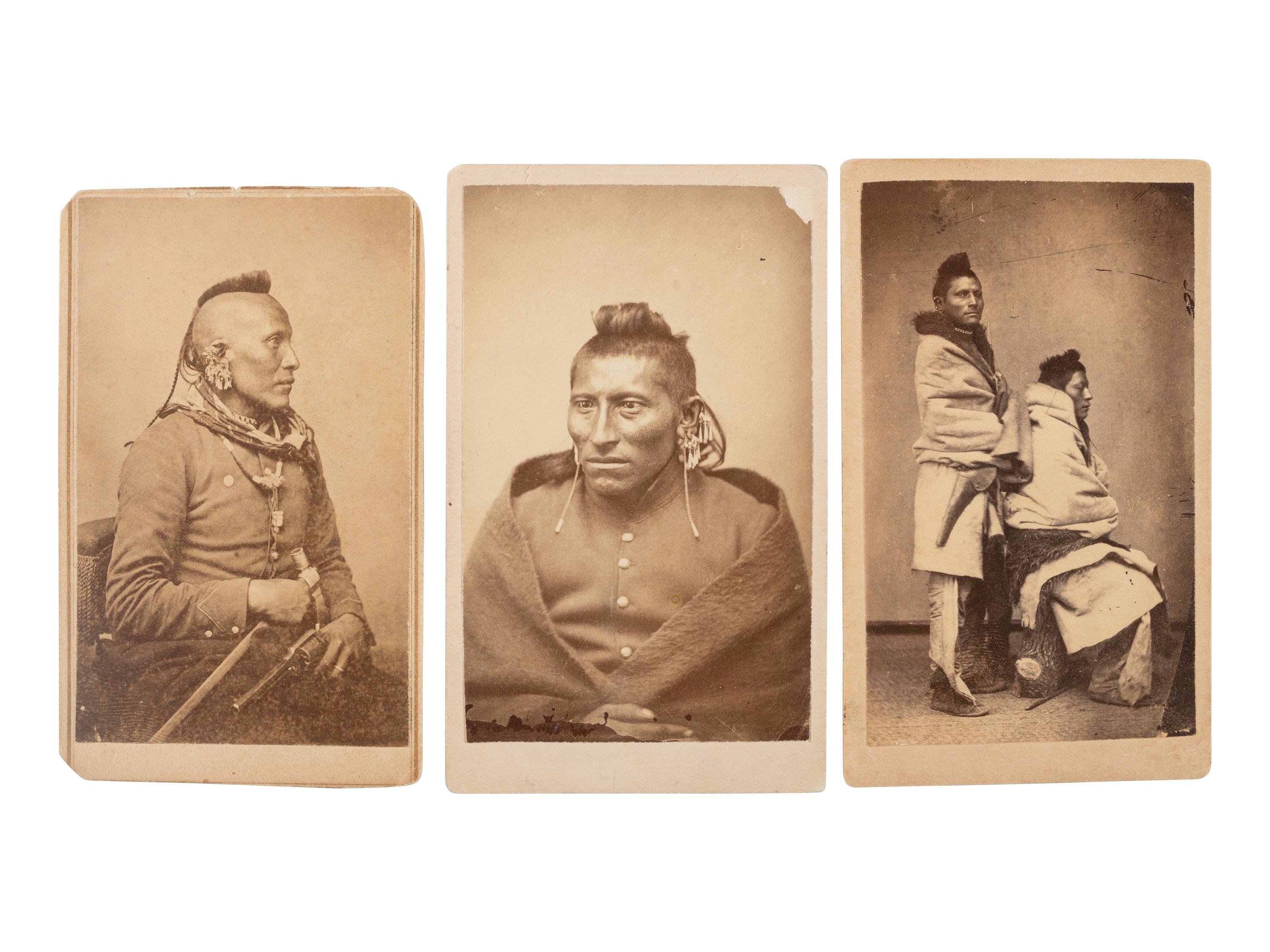 JACKSON, William Henry (1843-1942), photographer]. A group of 3 CDVs of Pawnee scouts, incl. Red Shirt and White Horse.