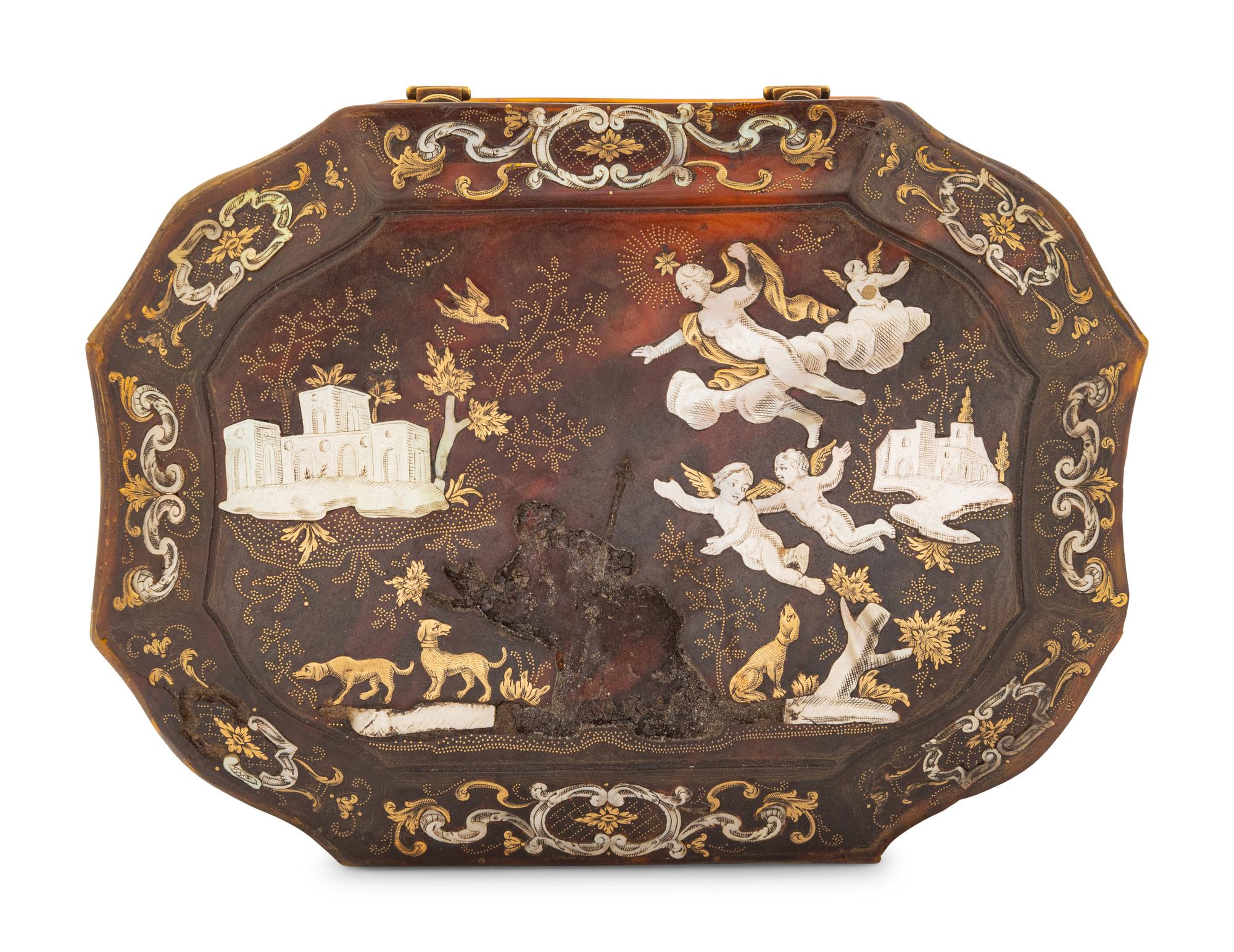 An Italian Gold and Mother of Pearl Inlaid Tortoise Shell Pique Snuff Box