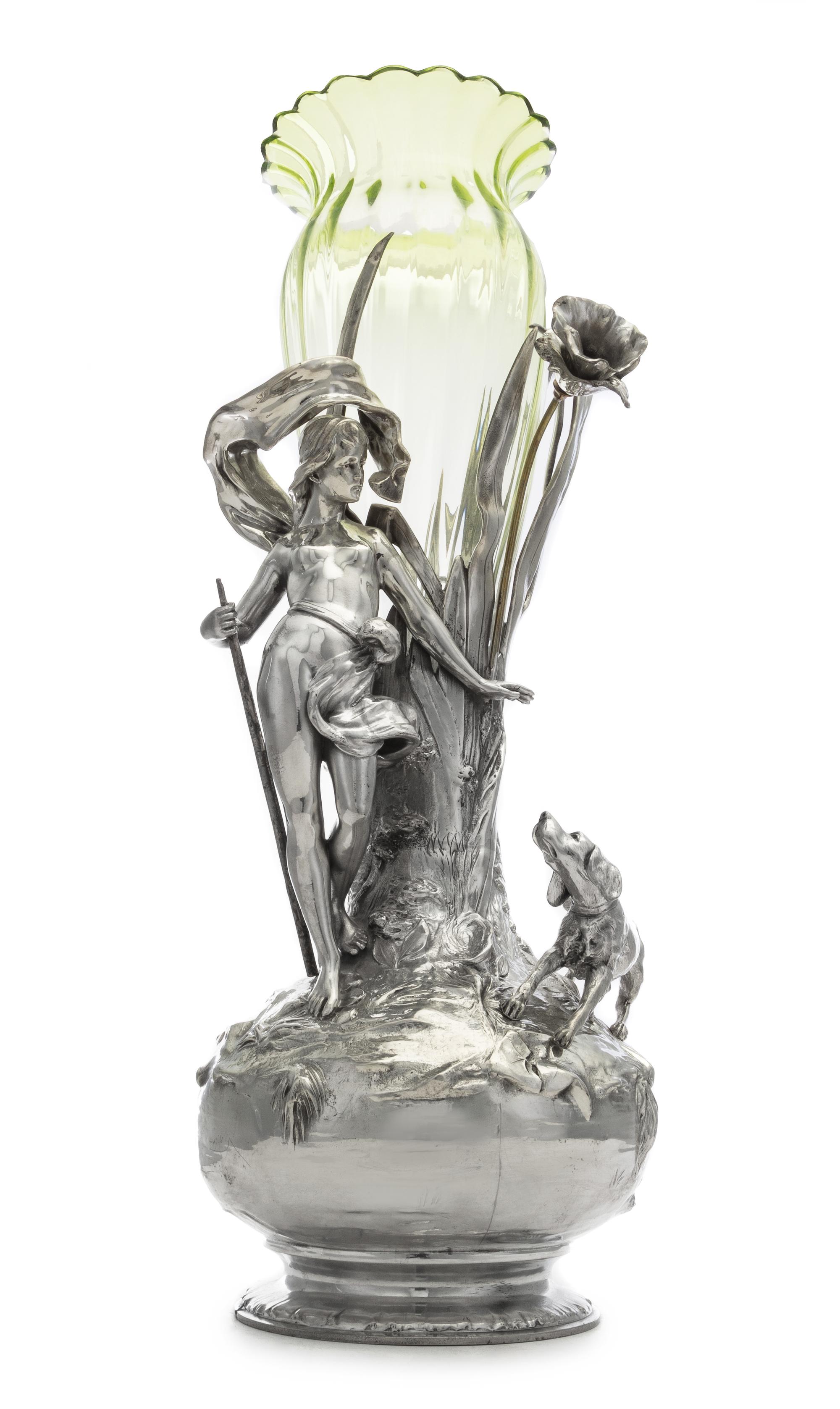 An Art Nouveau Silvered Metal and Blown Glass Figural Vase, Wurttembergische Metallwarenfabrik (WMF), c. 1906