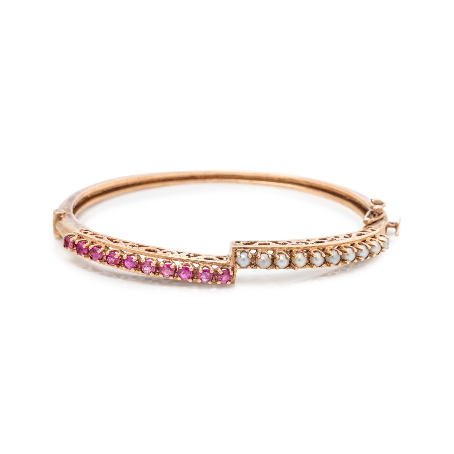 RUBY AND CULTURED PEARL BANGLE BRACELET