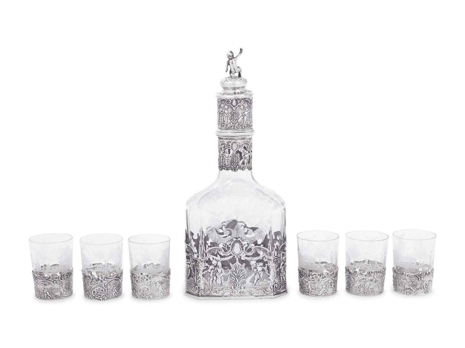 A Continental Silver Mounted Etched Glass Drink Service