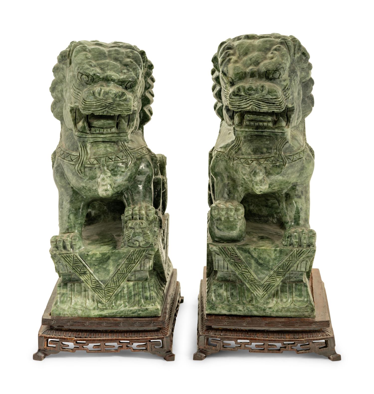 A Pair of Chinese Export Carved Hardstone Temple Guardians