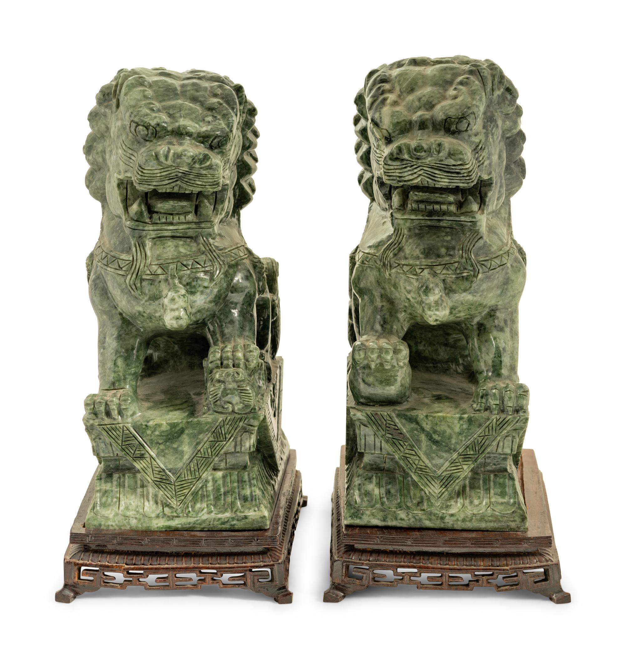 A Pair of Chinese Export Carved Hardstone Temple Guardians