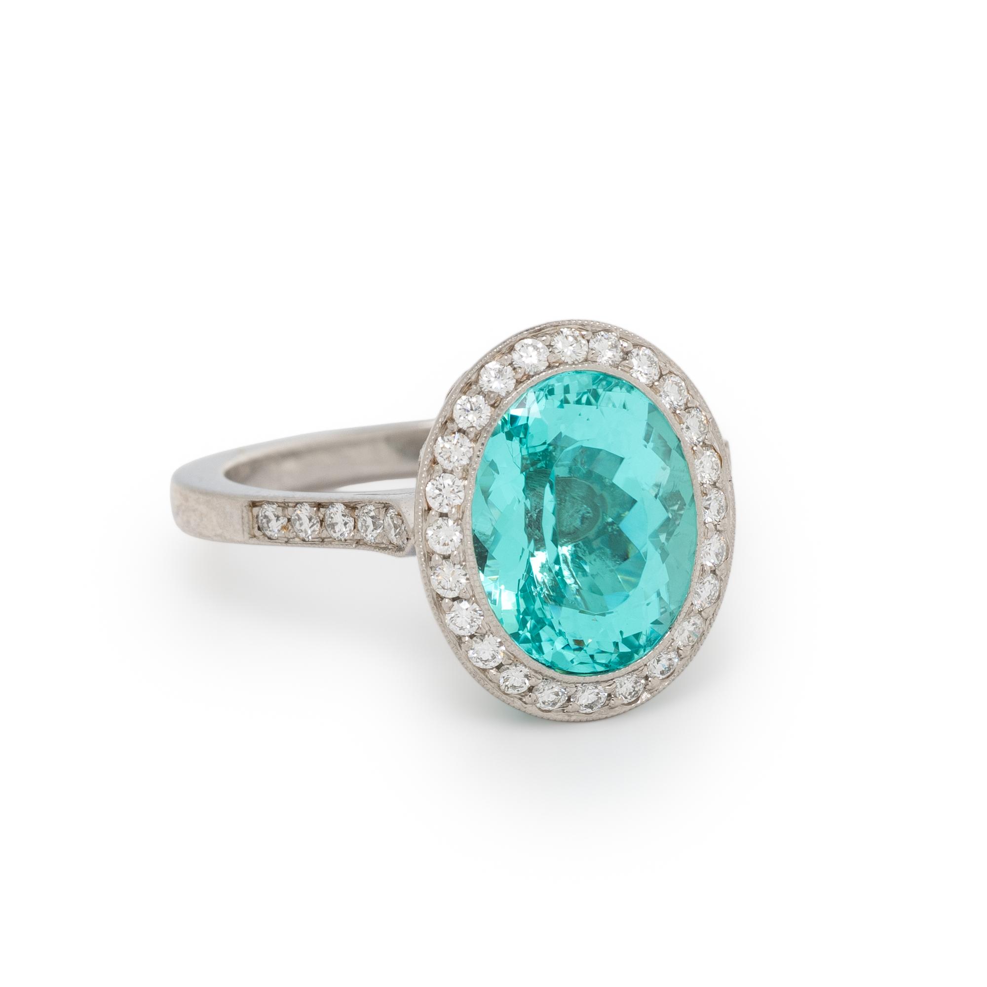 TIFFANY & CO., PARAIBA-TYPE TOURMALINE, DIAMOND, AND PLATINUM 'SOLESTE' 'LEAF BASKET' RING