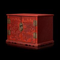 A Chinese Carved Cinnabar Lacquer Two-Door Small Cabinet, Late 19th/20th Century 清末民國 剔紅百寶箱