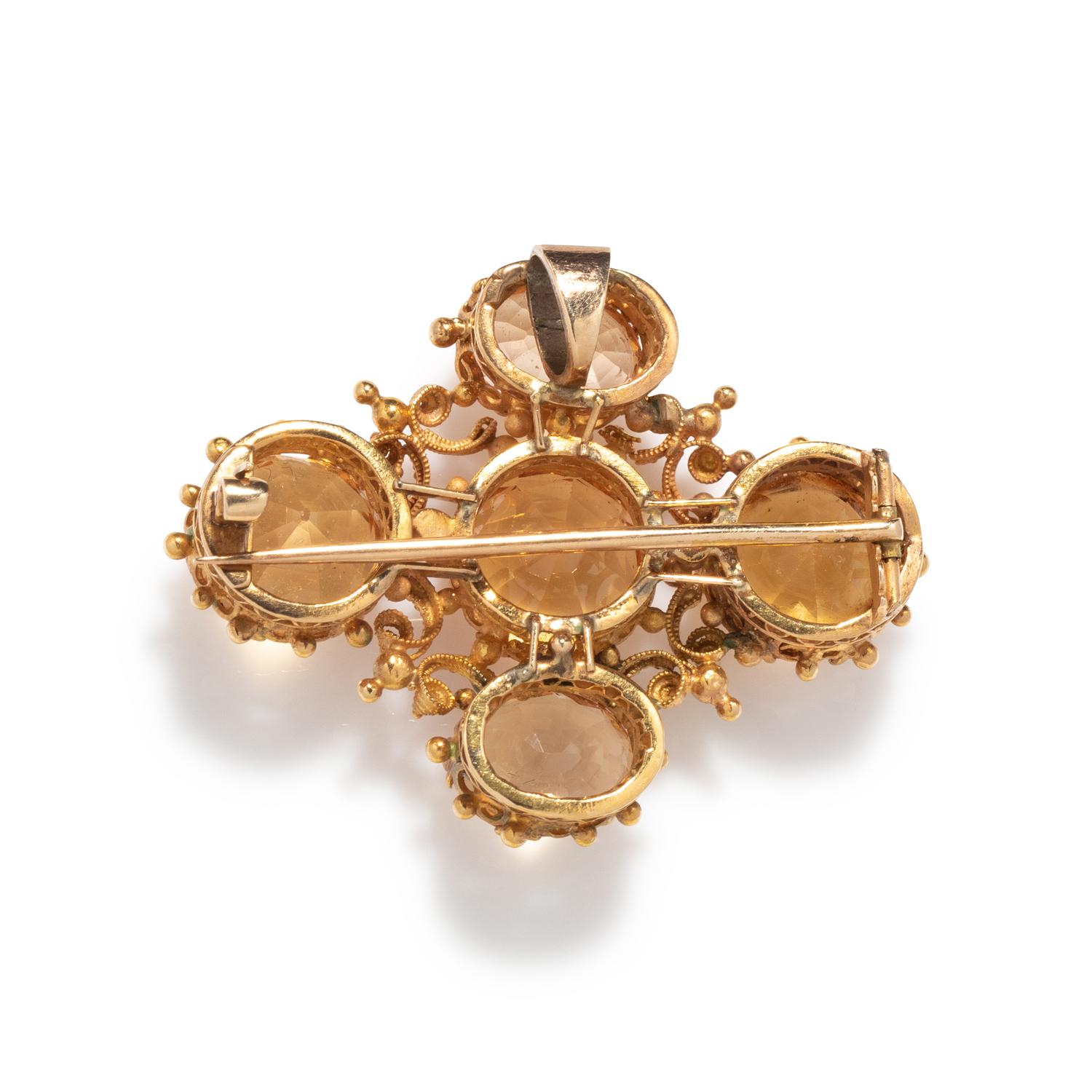 ANTIQUE, YELLOW GOLD AND TOPAZ PENDANT/BROOCH