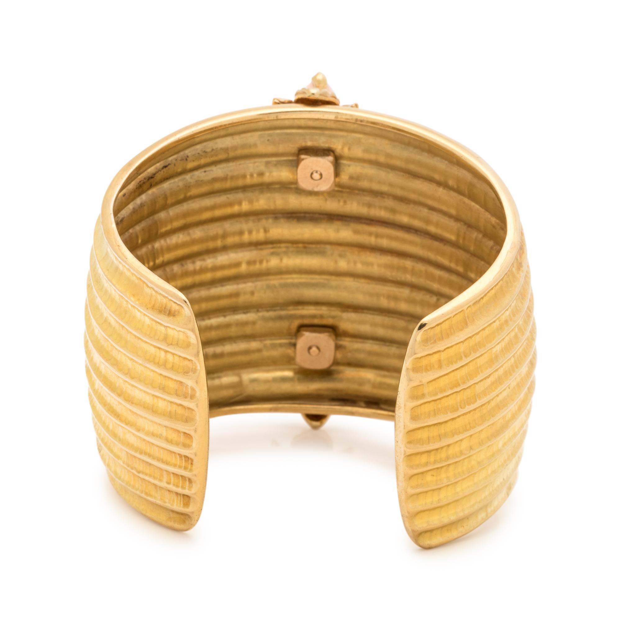 YELLOW GOLD, DIAMOND, GREEN TOURMALINE AND CORAL CUFF BRACELET