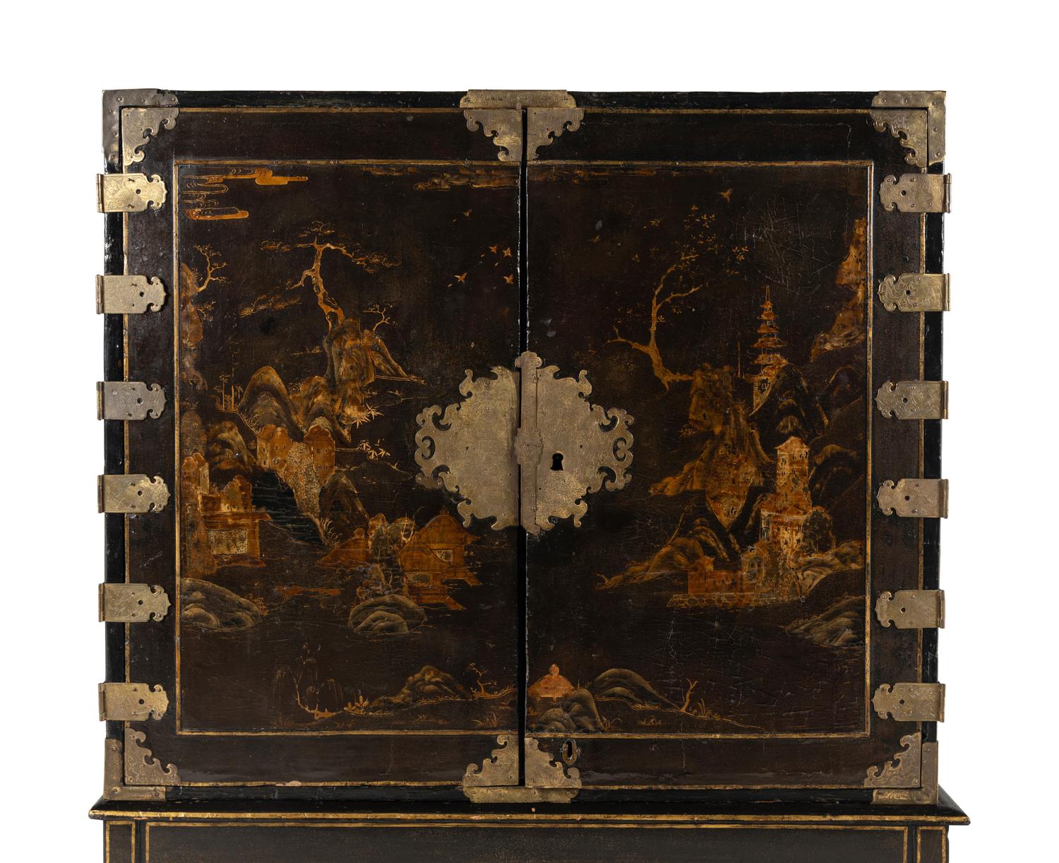 A Japanese Lacquer and Brass-Mounted Cabinet on Stand