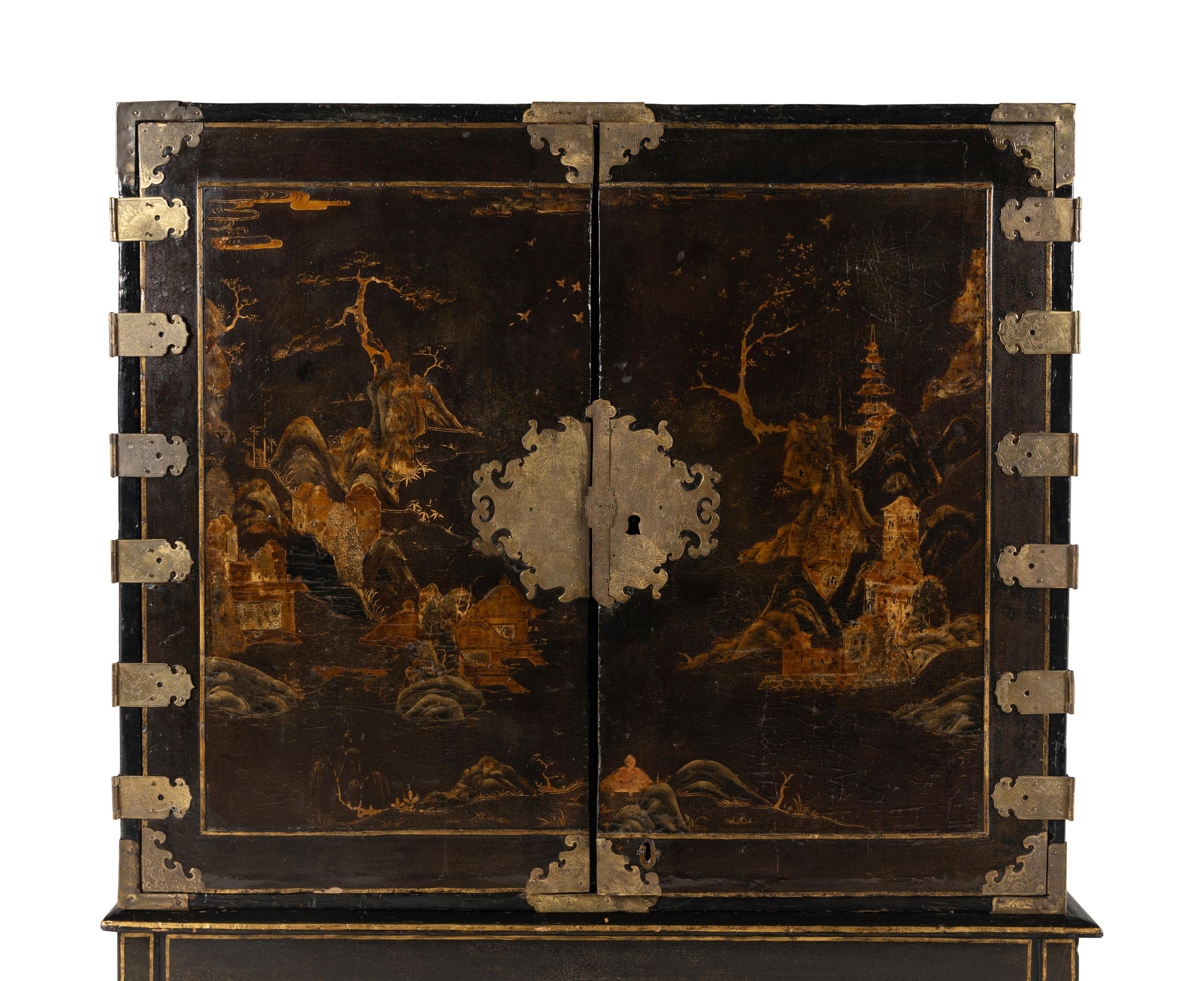A Japanese Lacquer and Brass-Mounted Cabinet on Stand