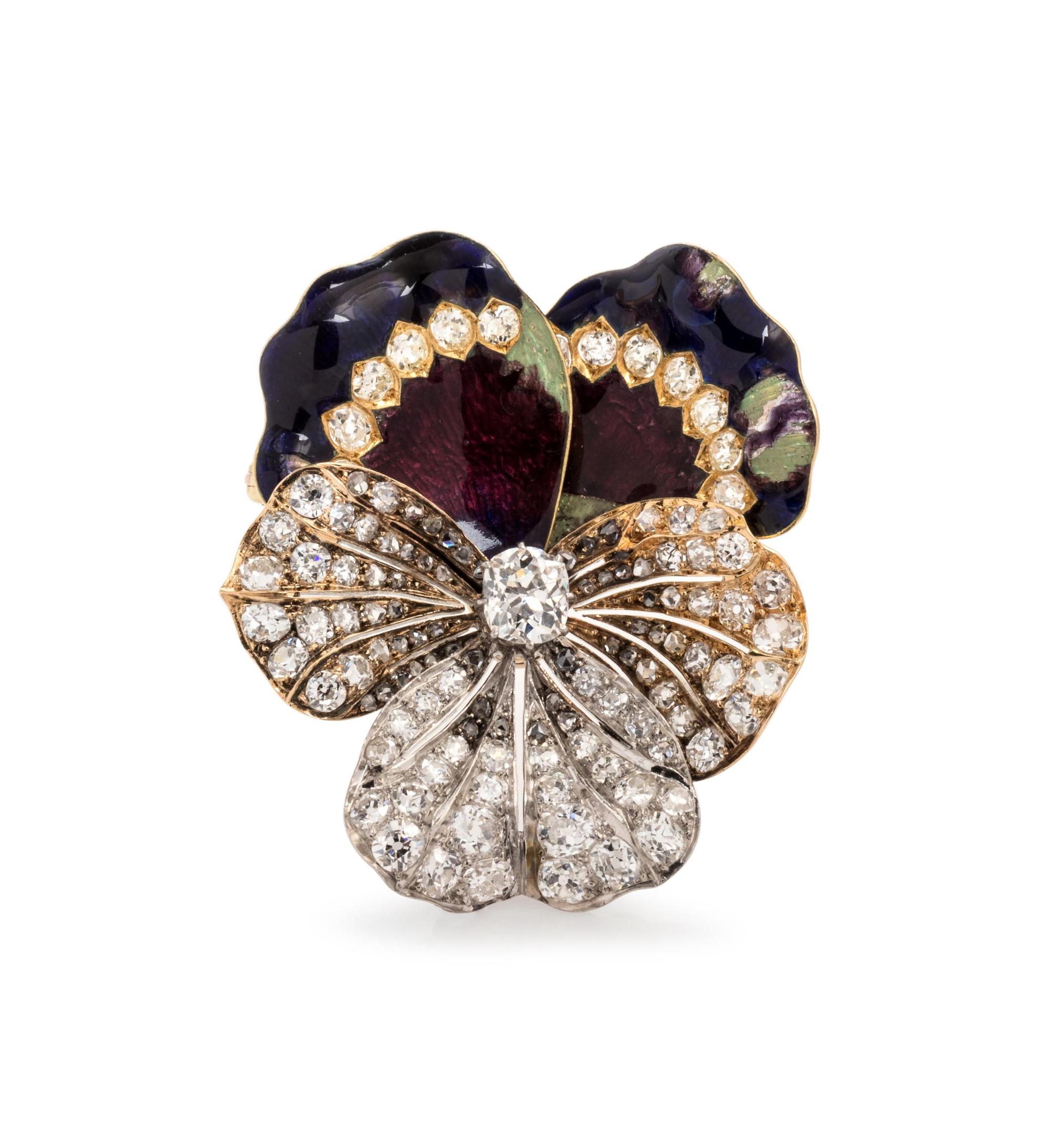 Victorian, Diamond and Polychrome Enamel Pansy Brooch